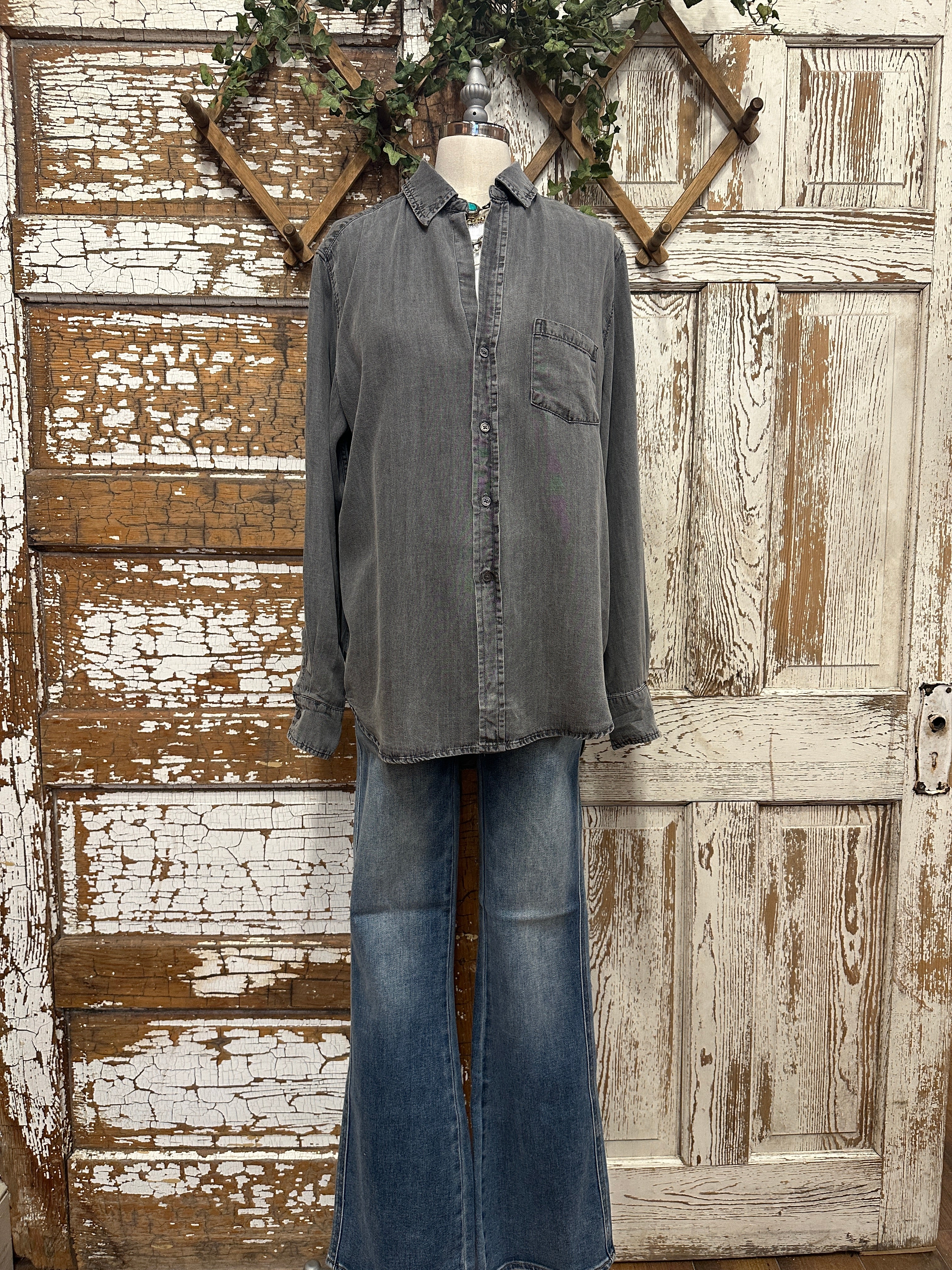 Weathered distressed button up with handmade jewelry and boutique clothing in boutiques near me