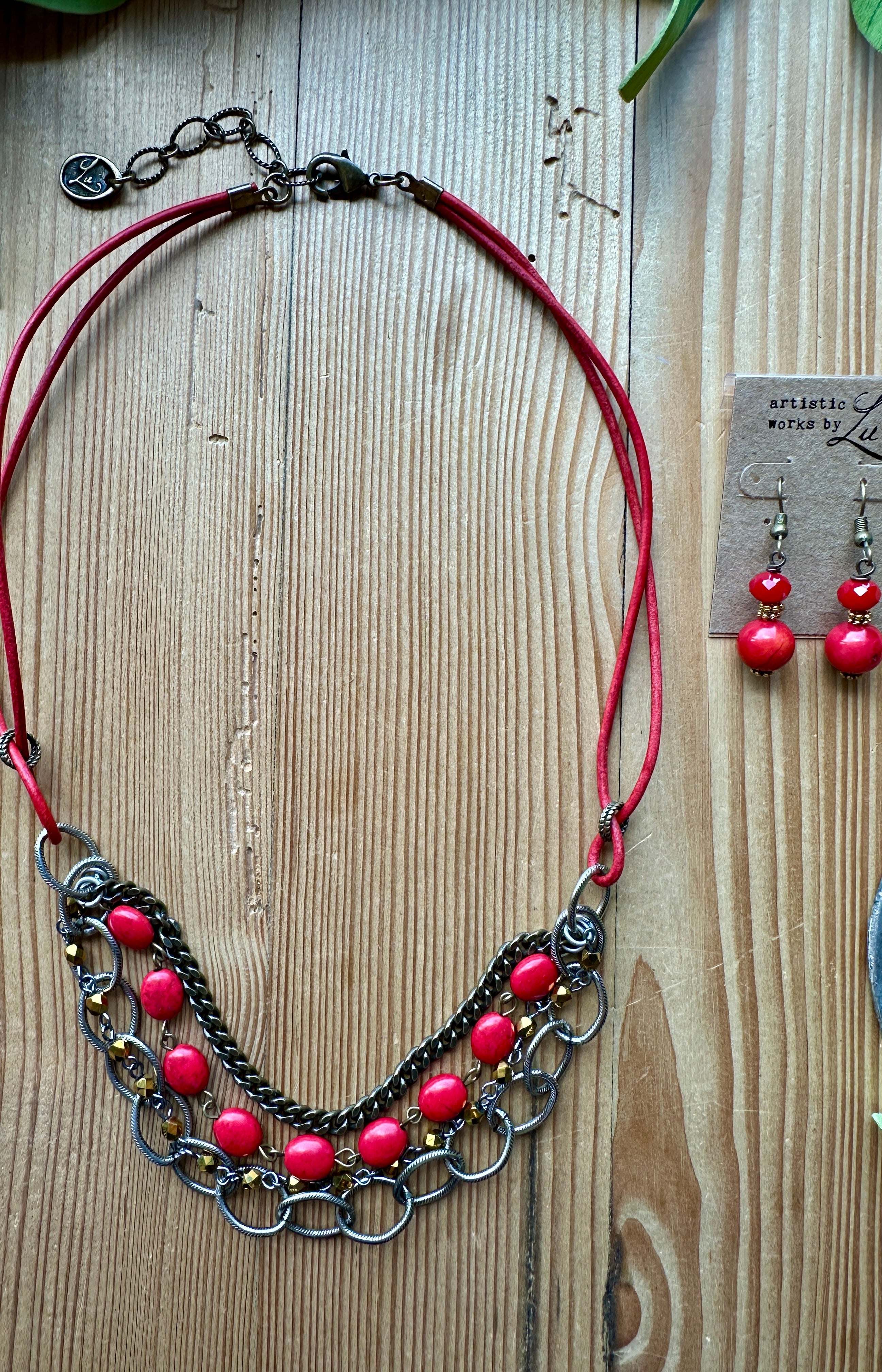 Red handmade beaded earrings and necklace set