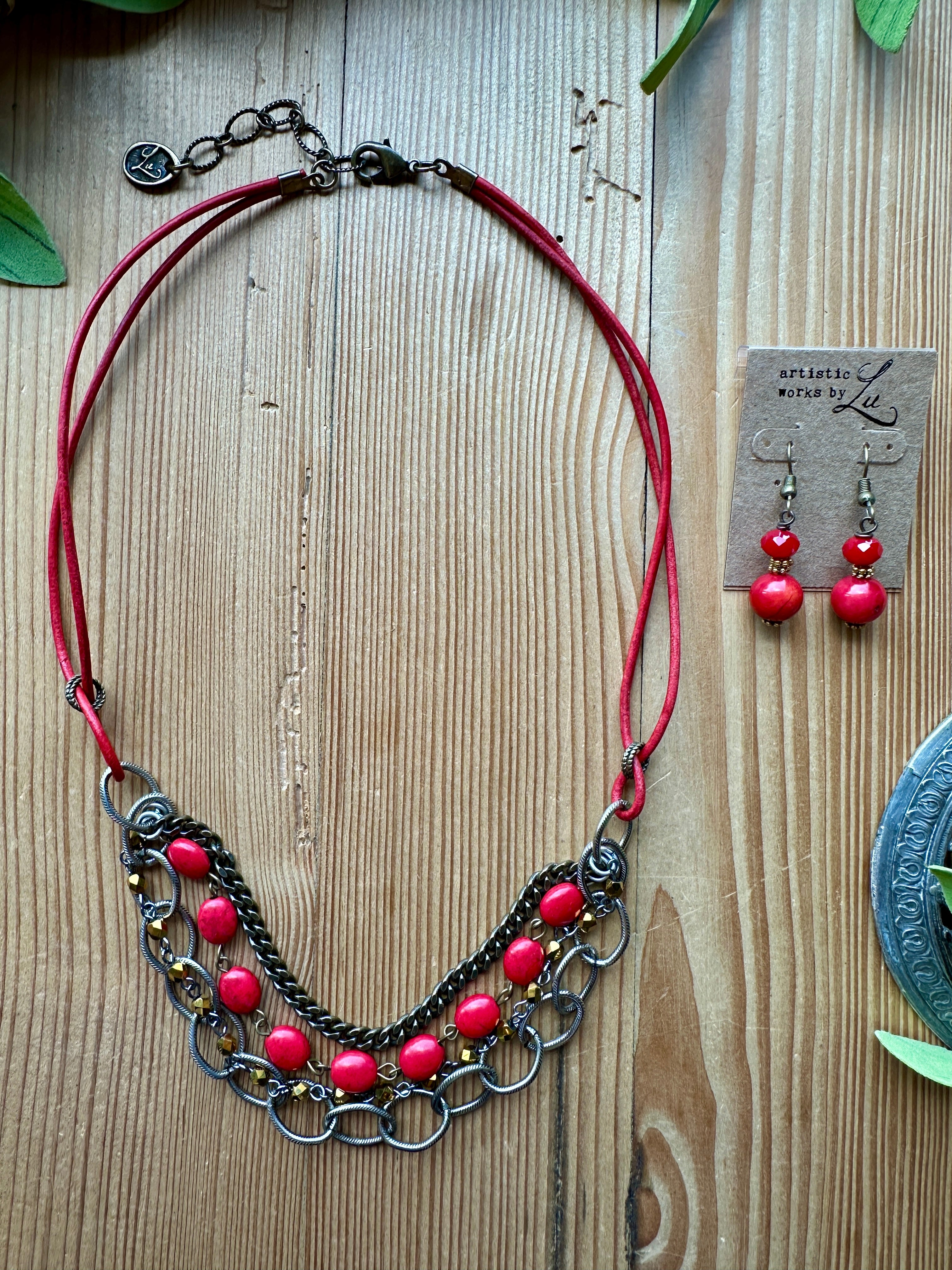 Red handmade beaded earrings and necklace set