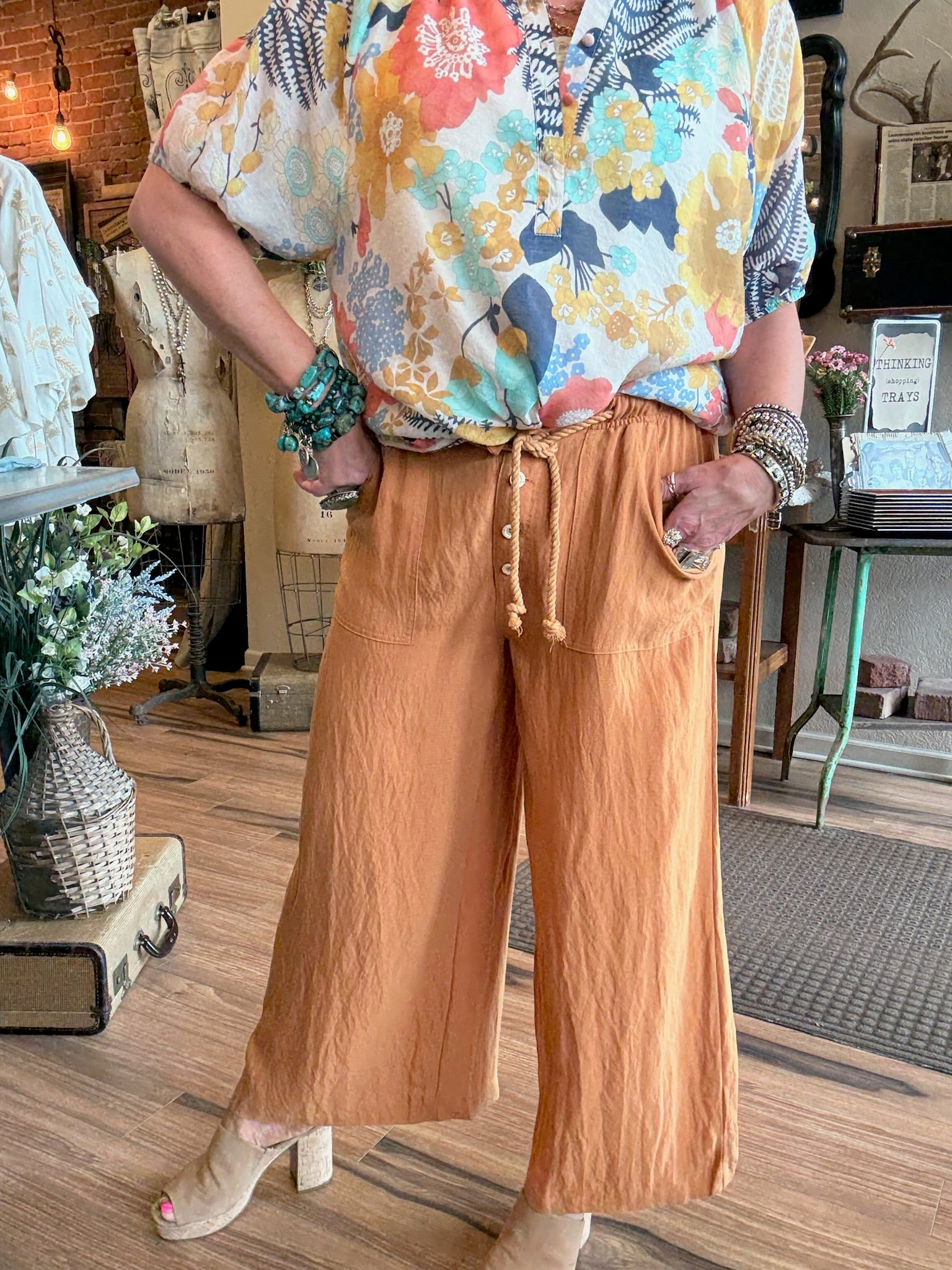 Button wide leg flowy pants