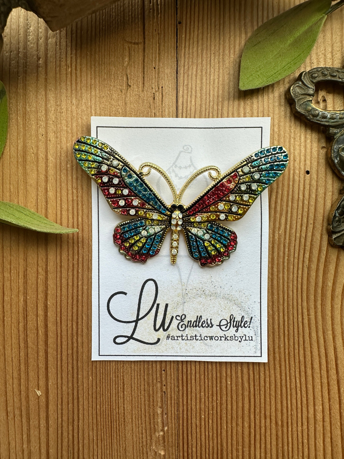 Multicolor rhinestone butterfly brooch