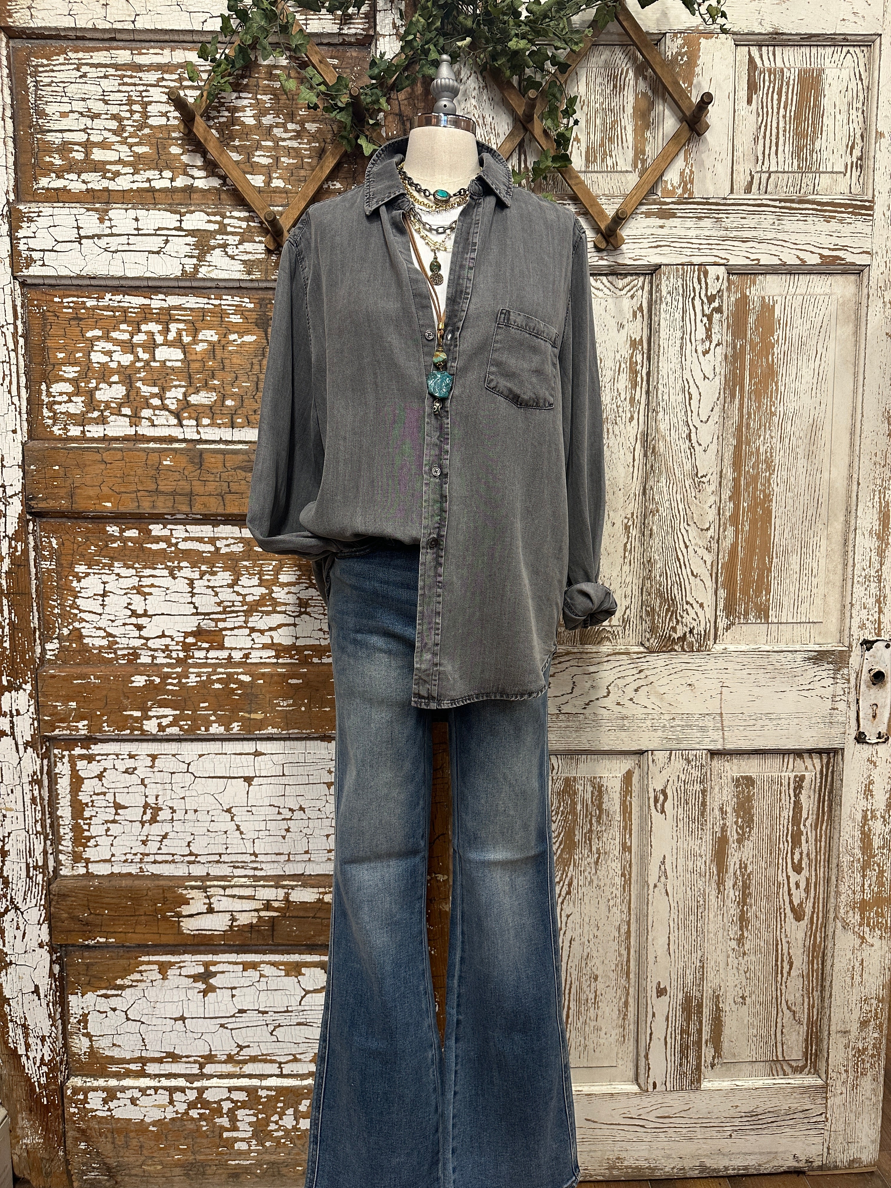 Weathered distressed button up with handmade jewelry and boutique clothing in boutiques near me