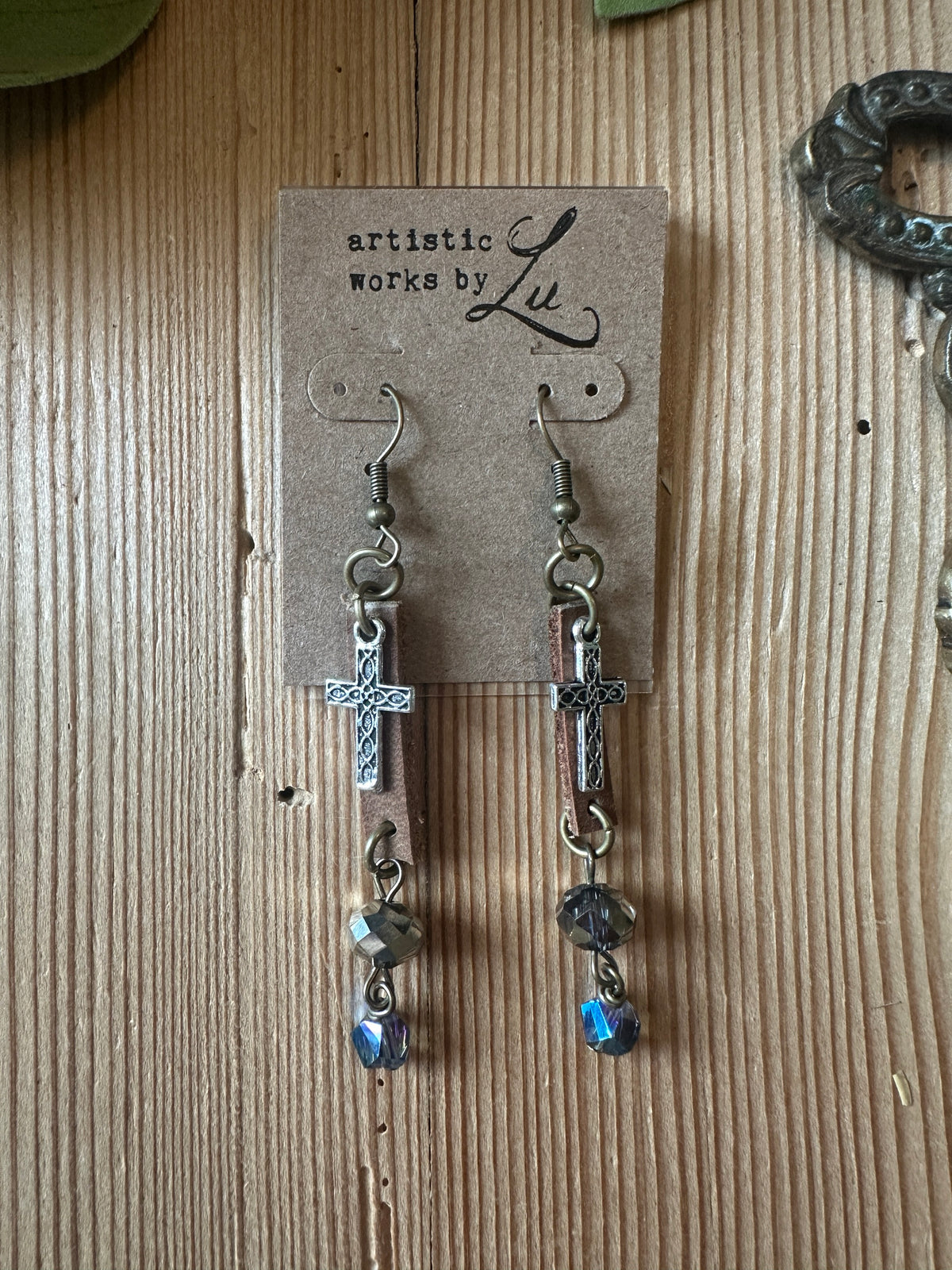 Silver cross charm earrings with leather strip and crystal beads
