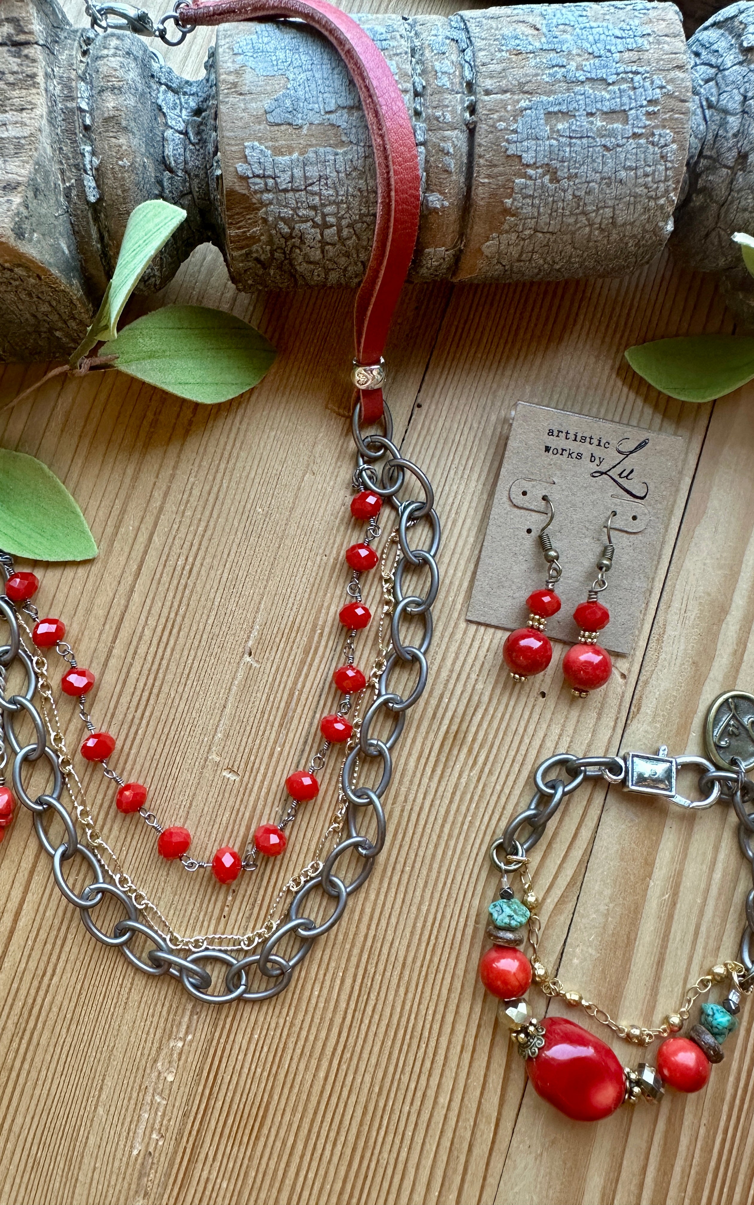 red triple layer handmade necklace