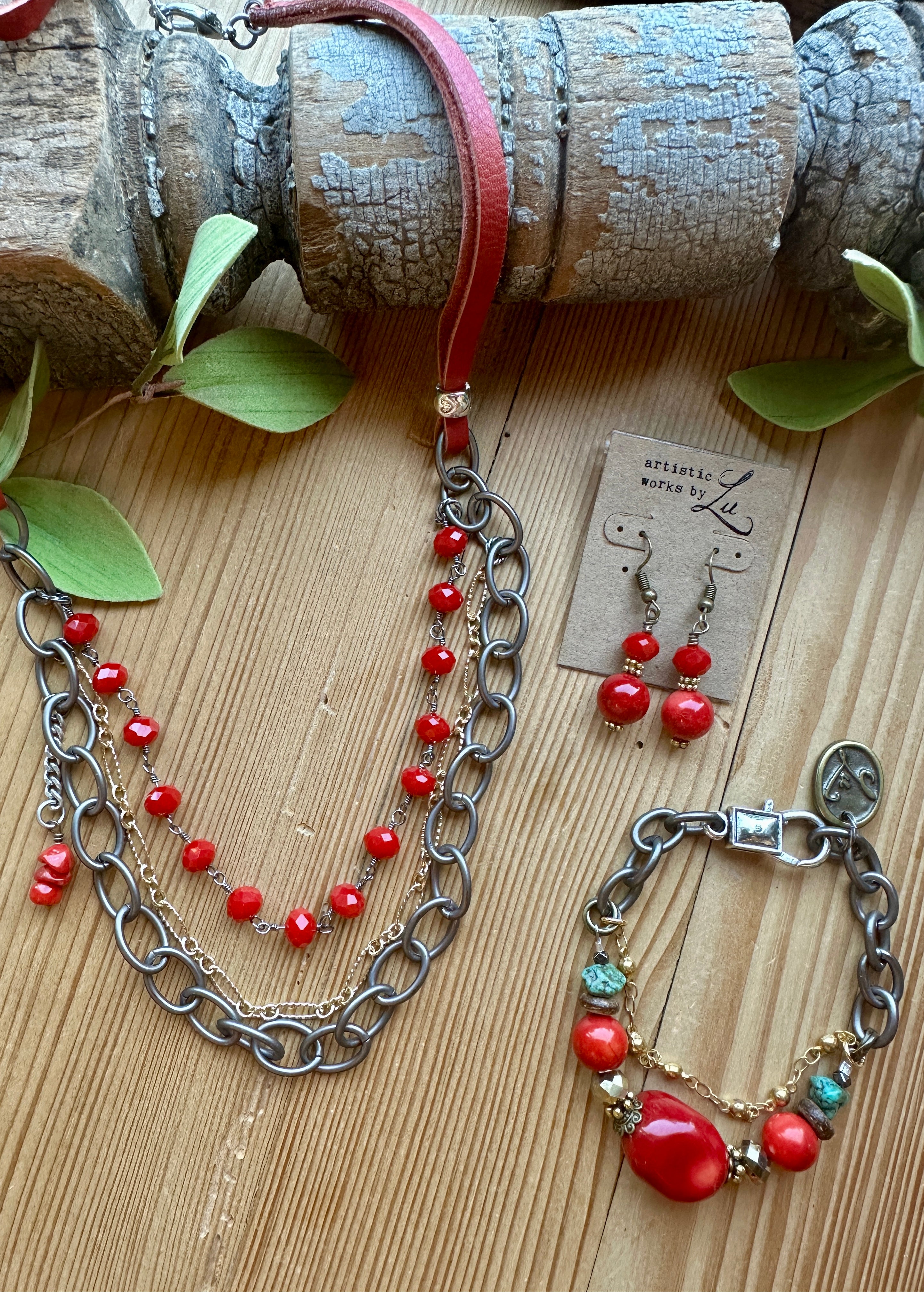 red triple layer handmade necklace