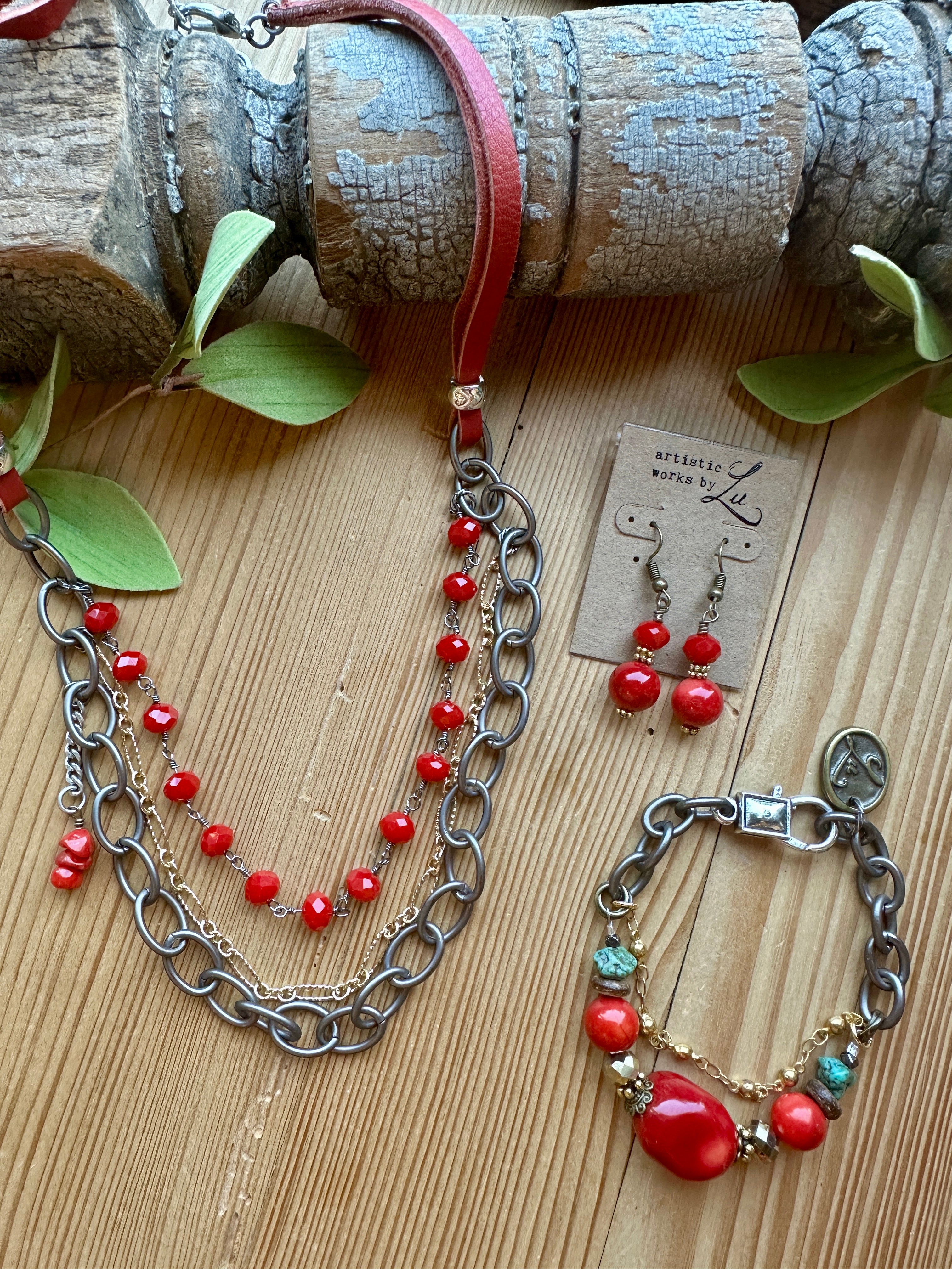 red triple layer handmade necklace