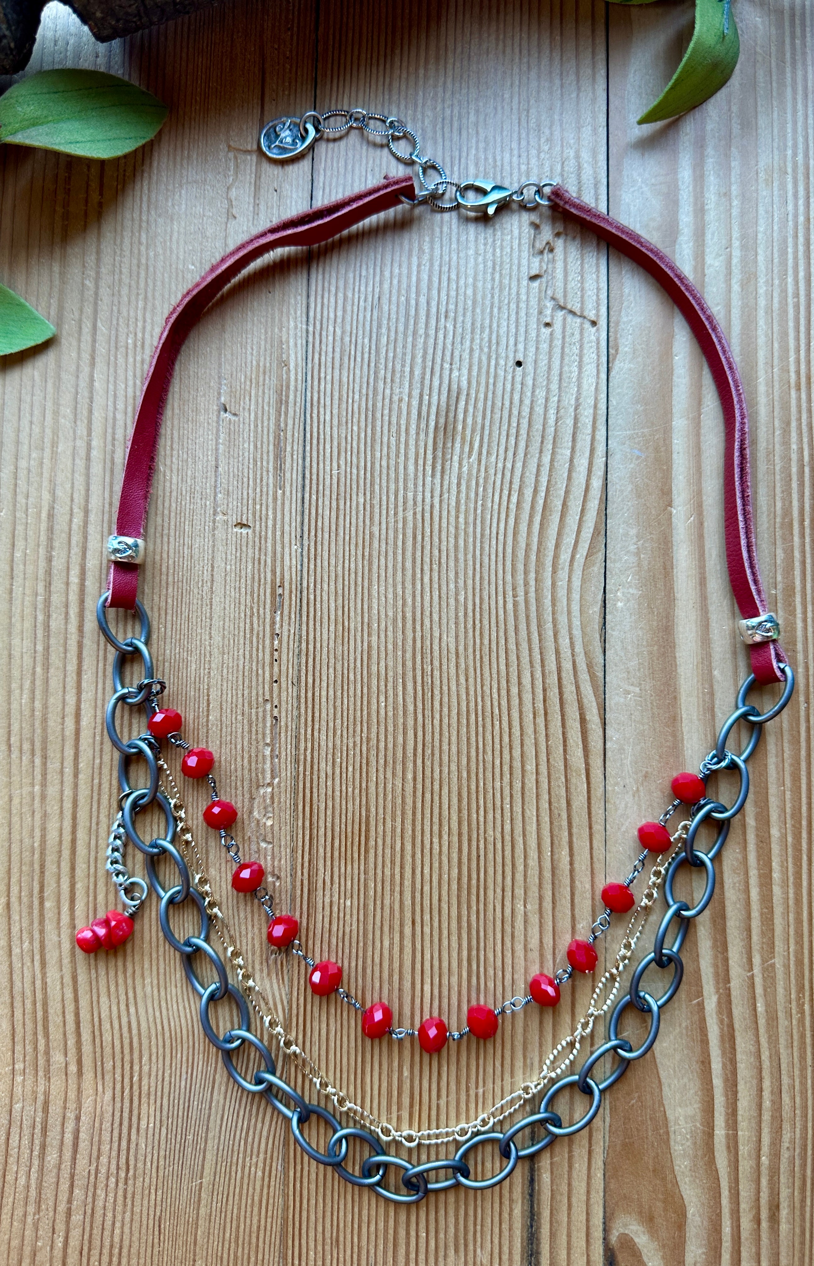 red triple layer handmade necklace