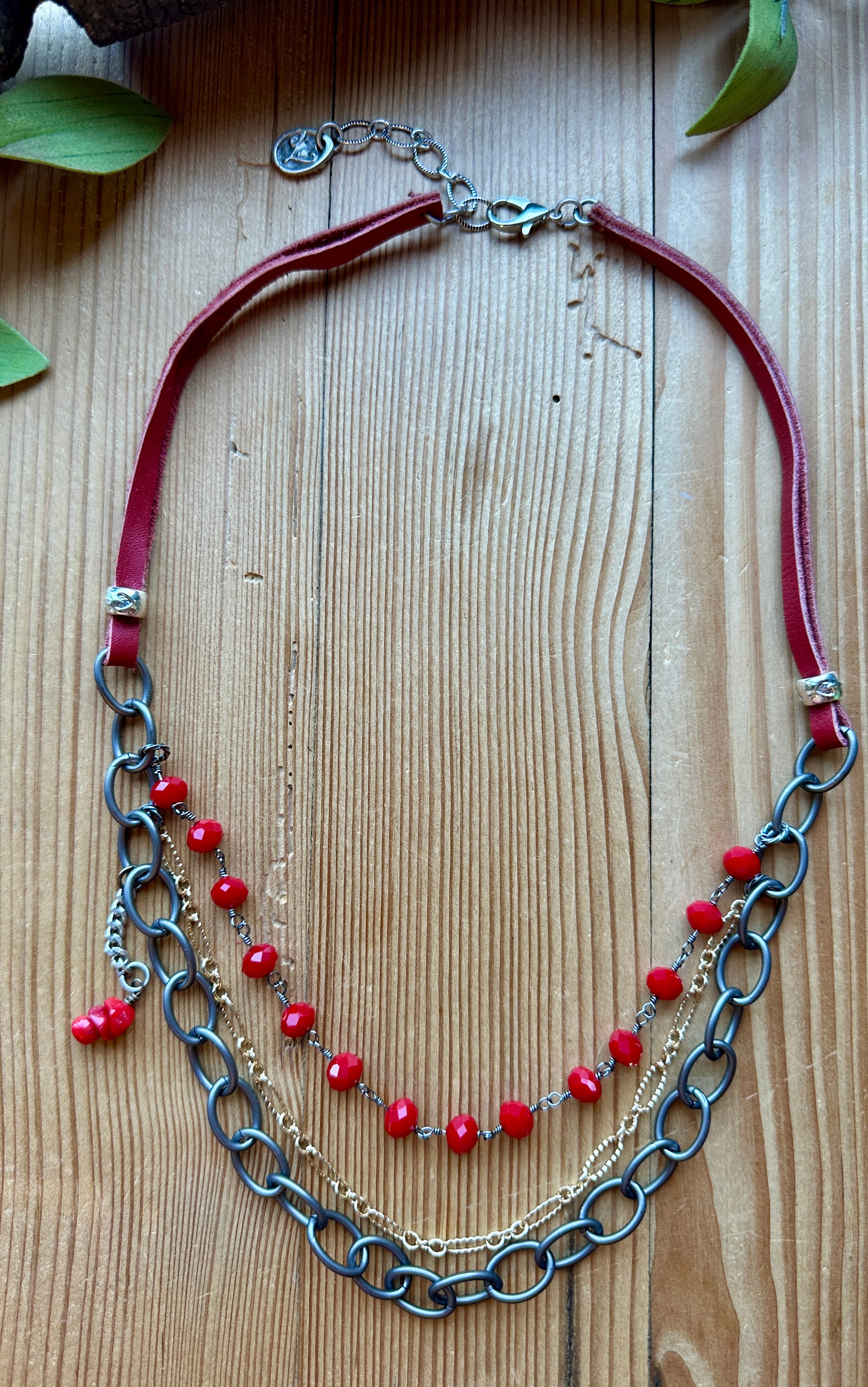 red triple layer handmade necklace