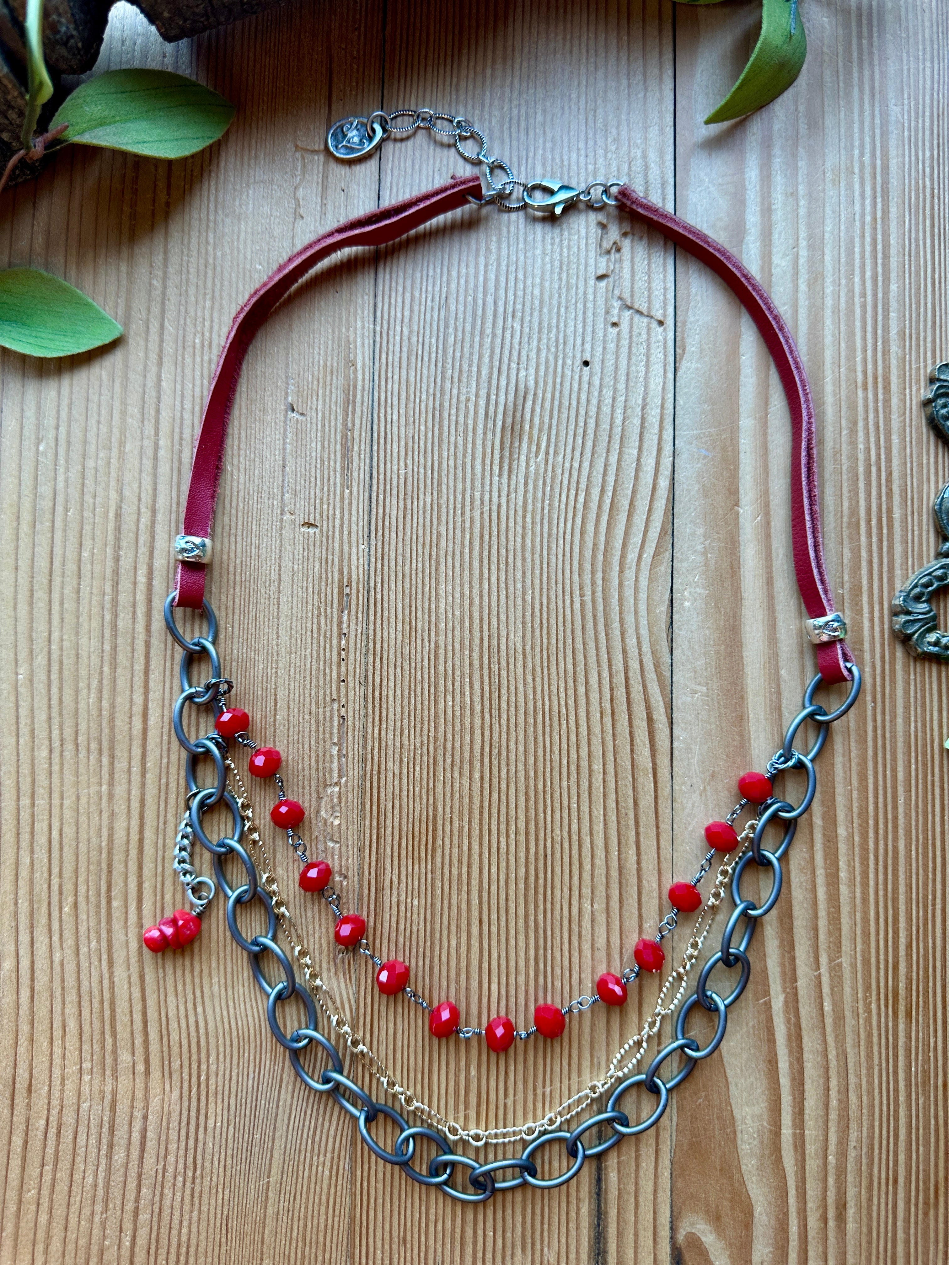 red triple layer handmade necklace