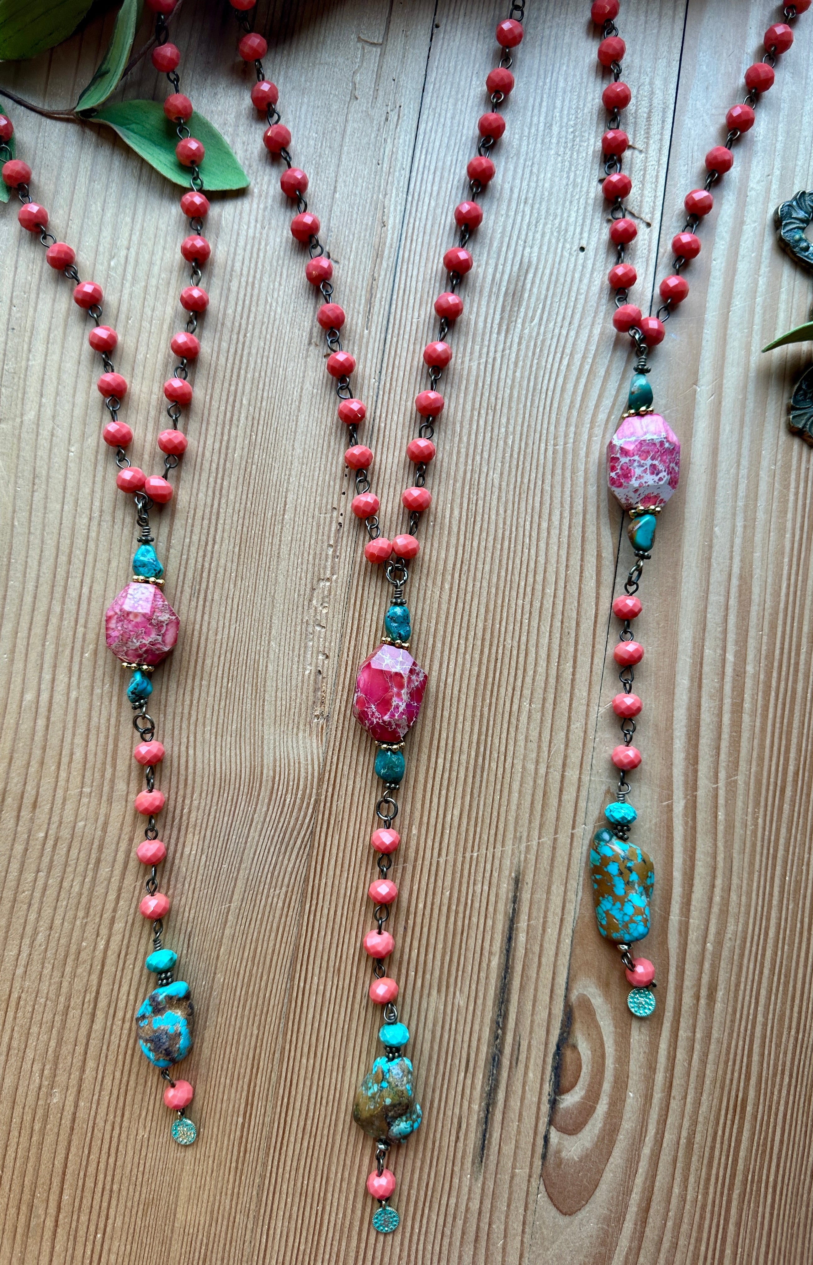 Pink and turquoise long necklace