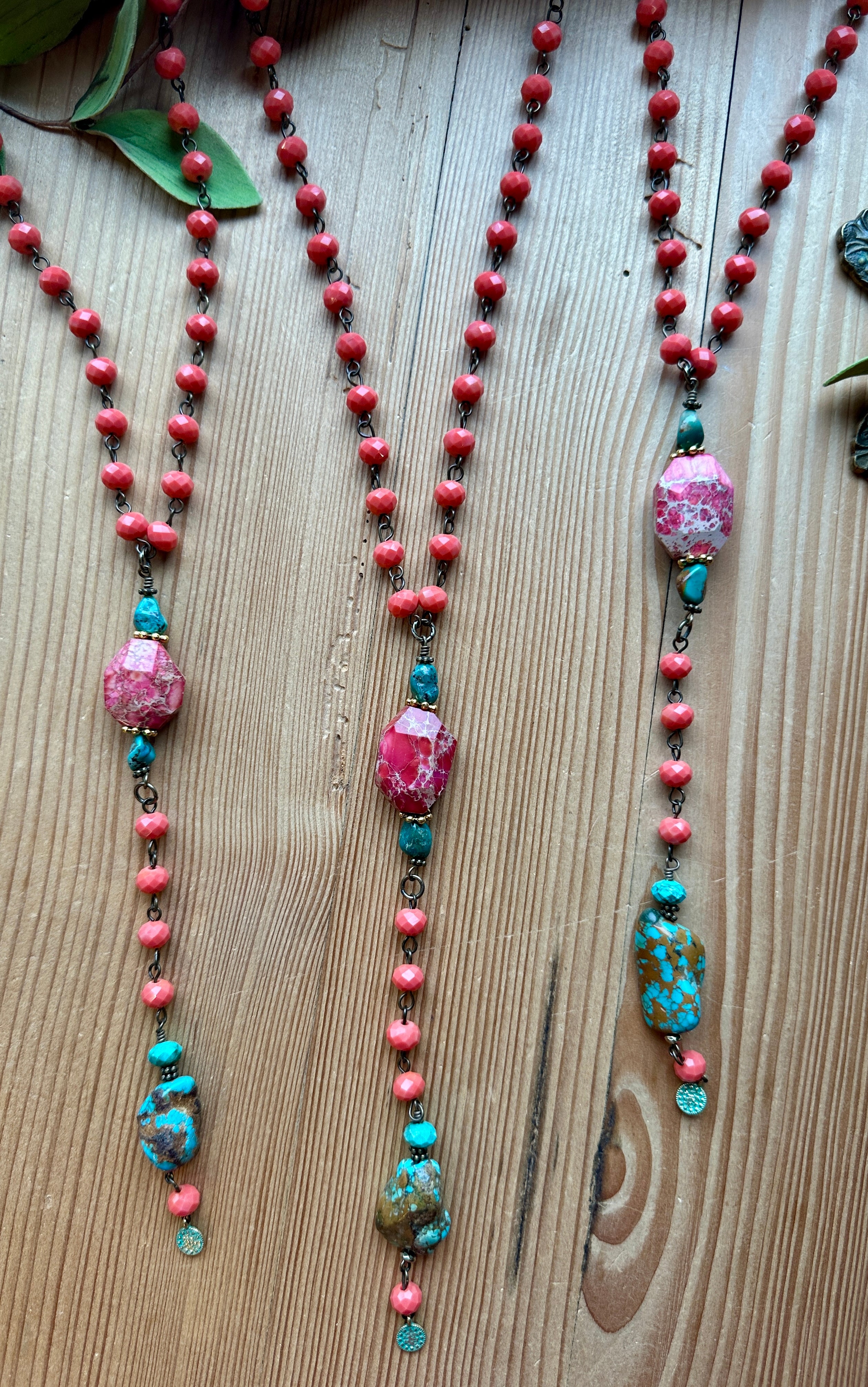Pink and turquoise long necklace