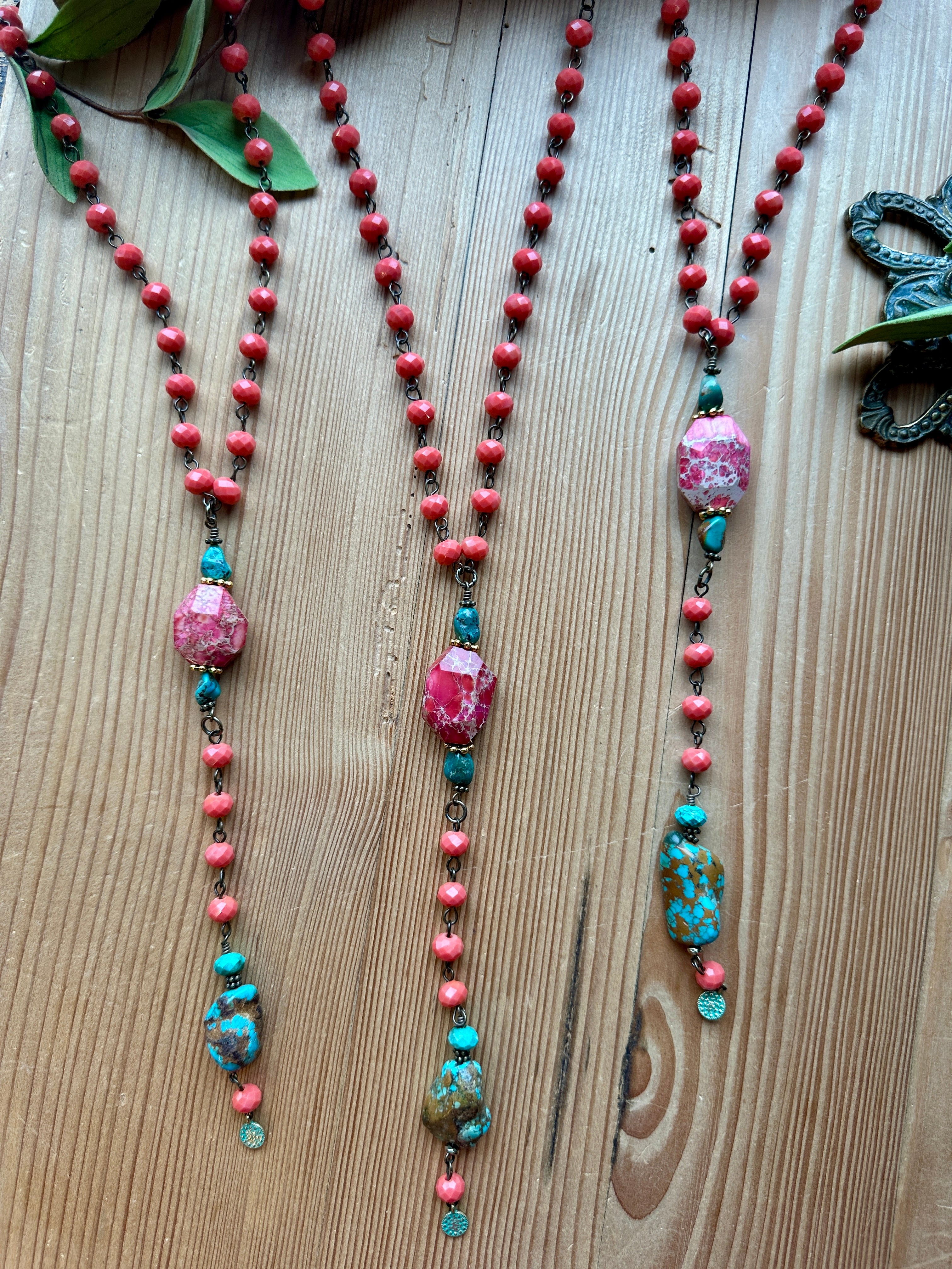 Pink and turquoise long necklace