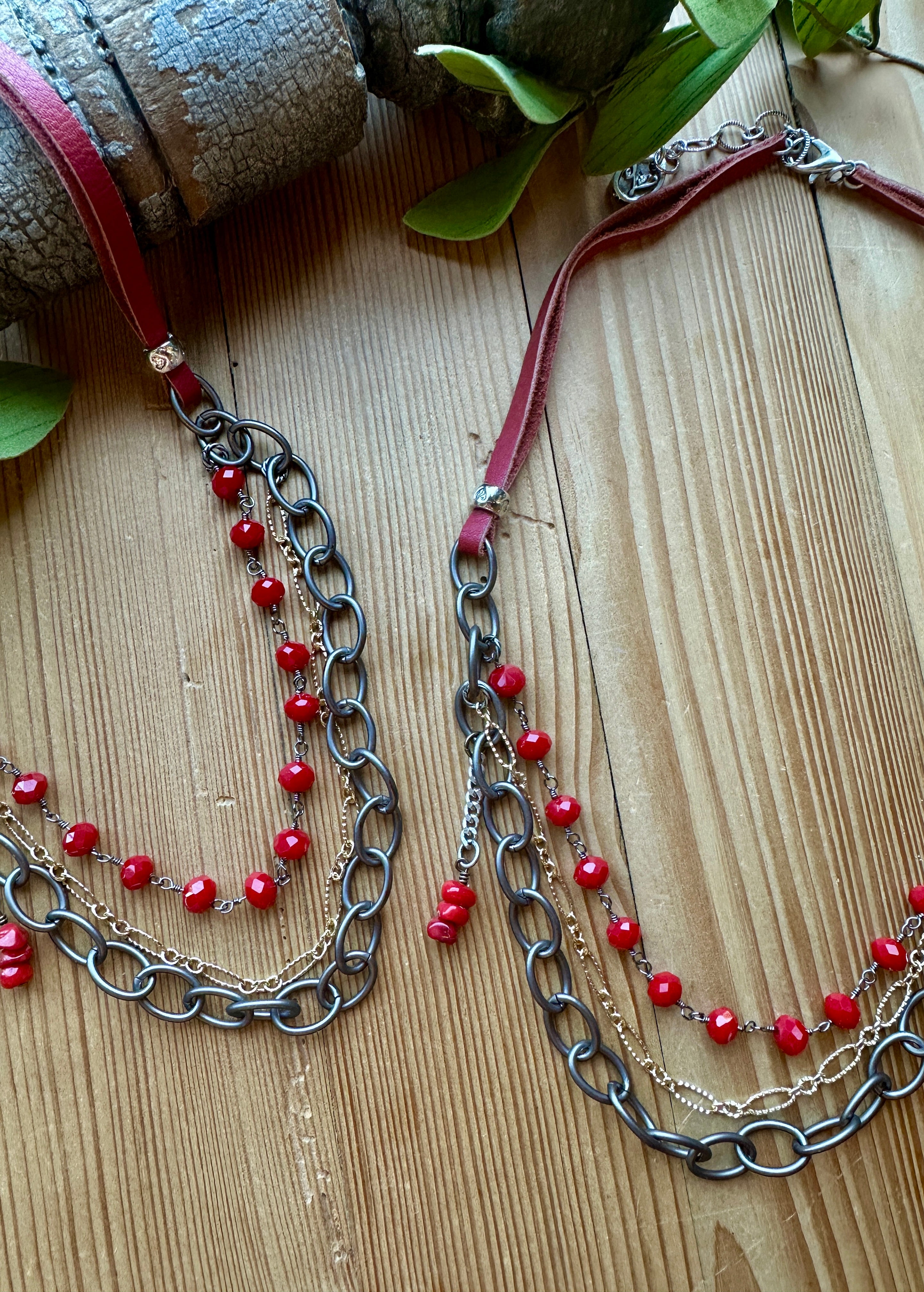 red triple layer handmade necklace