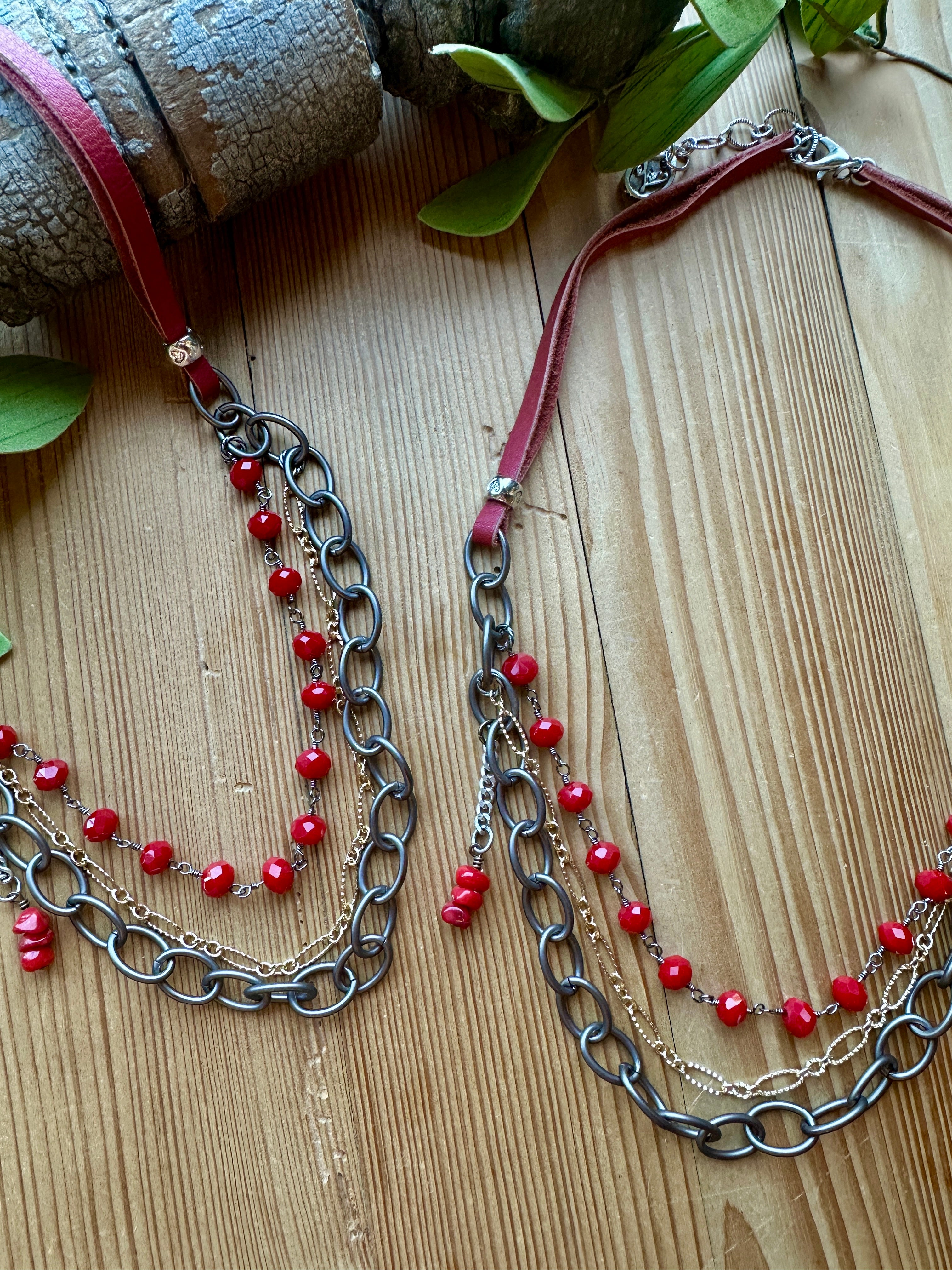 red triple layer handmade necklace