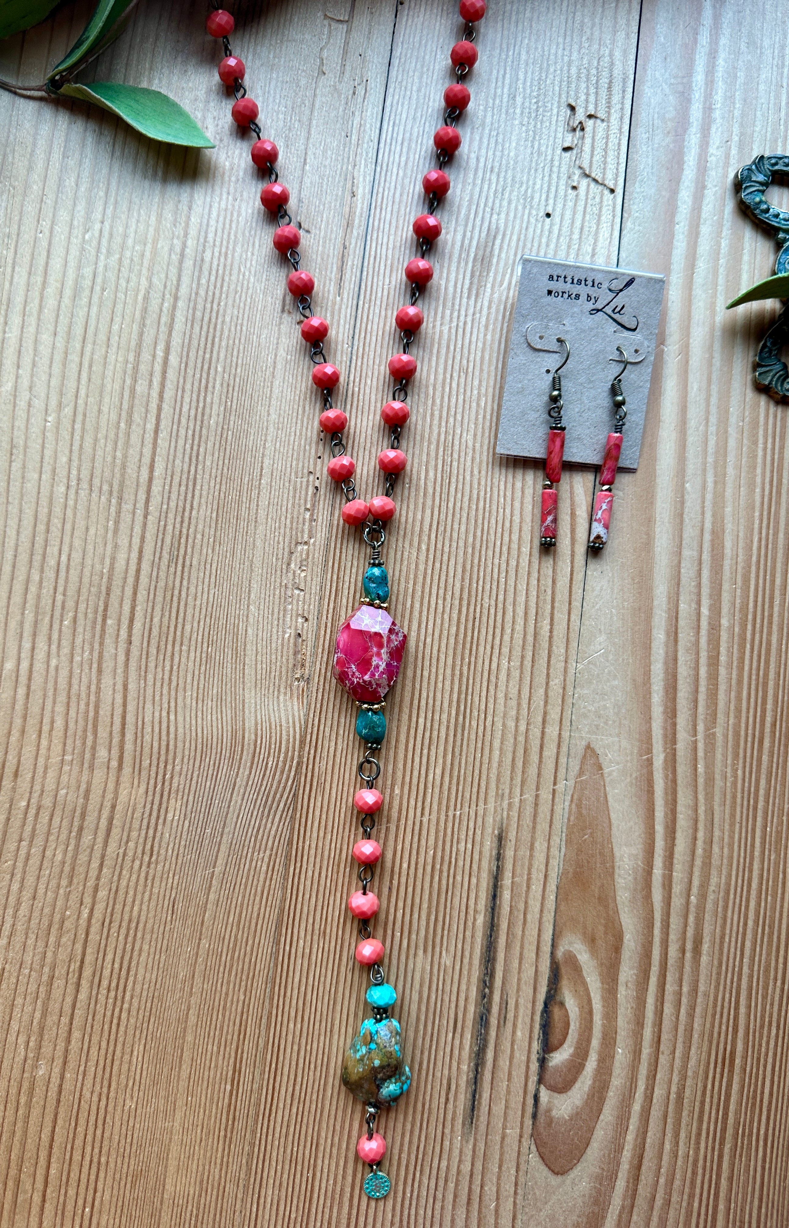 Pink and turquoise long necklace