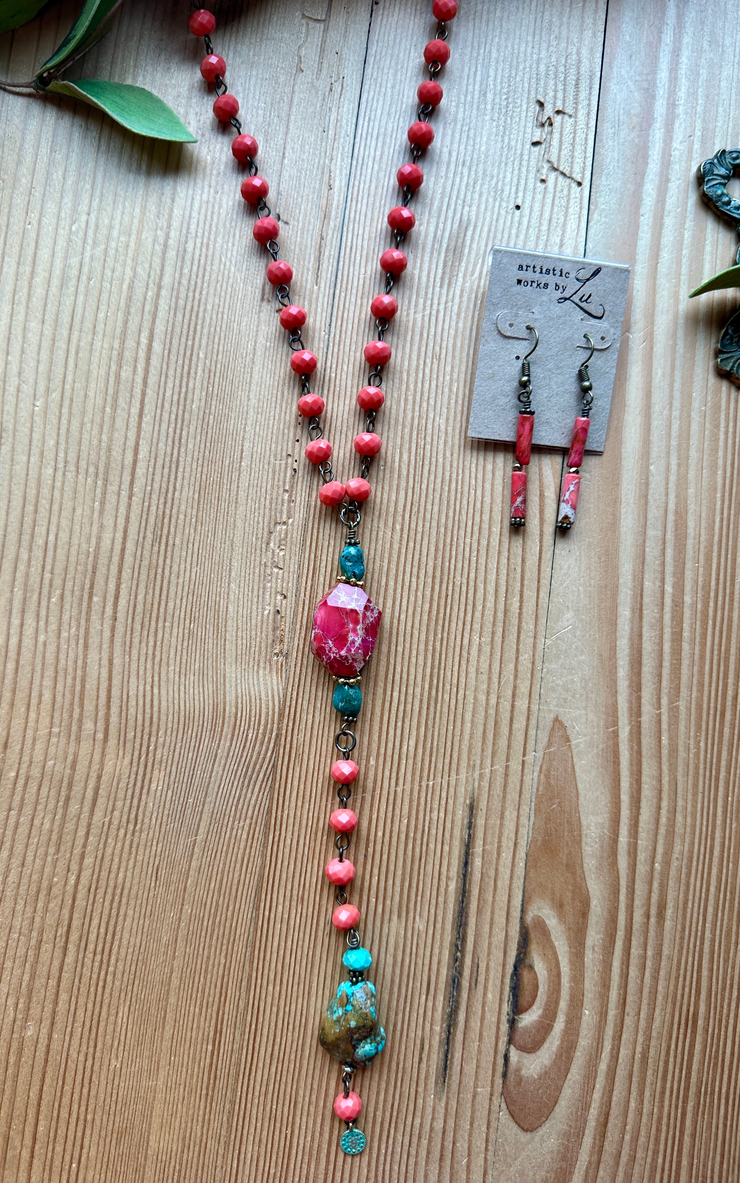 Pink and turquoise long necklace