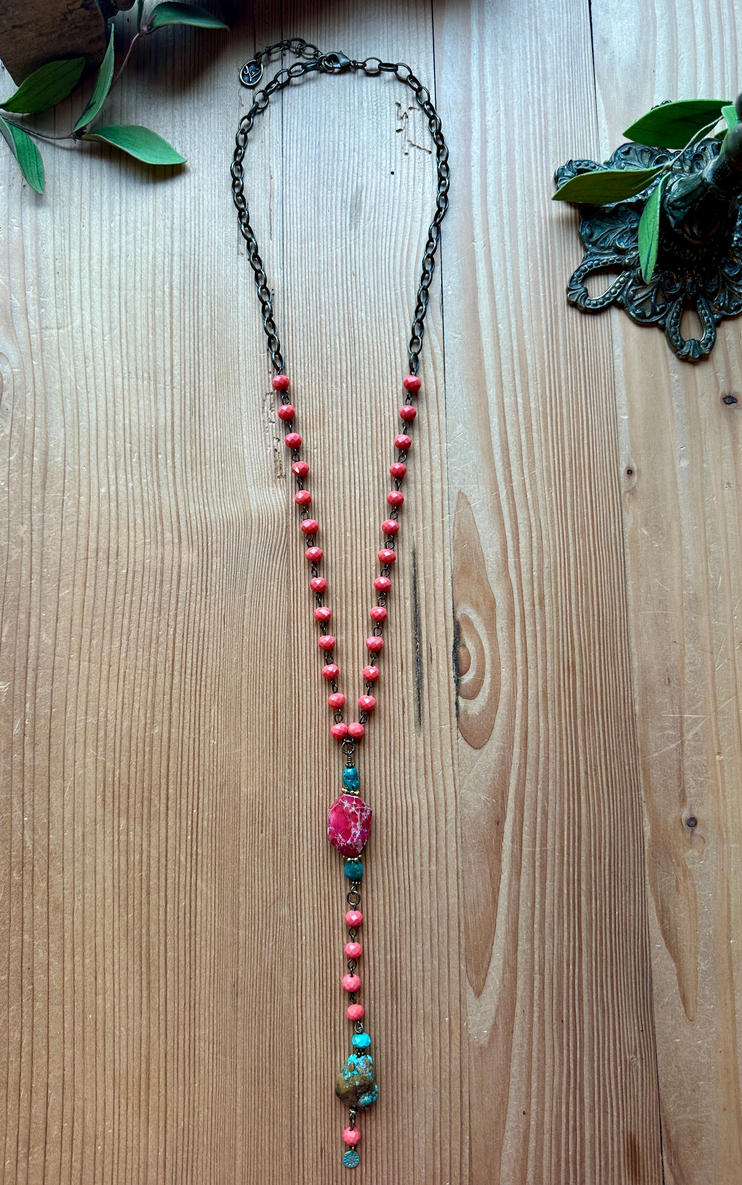 Pink and turquoise long necklace