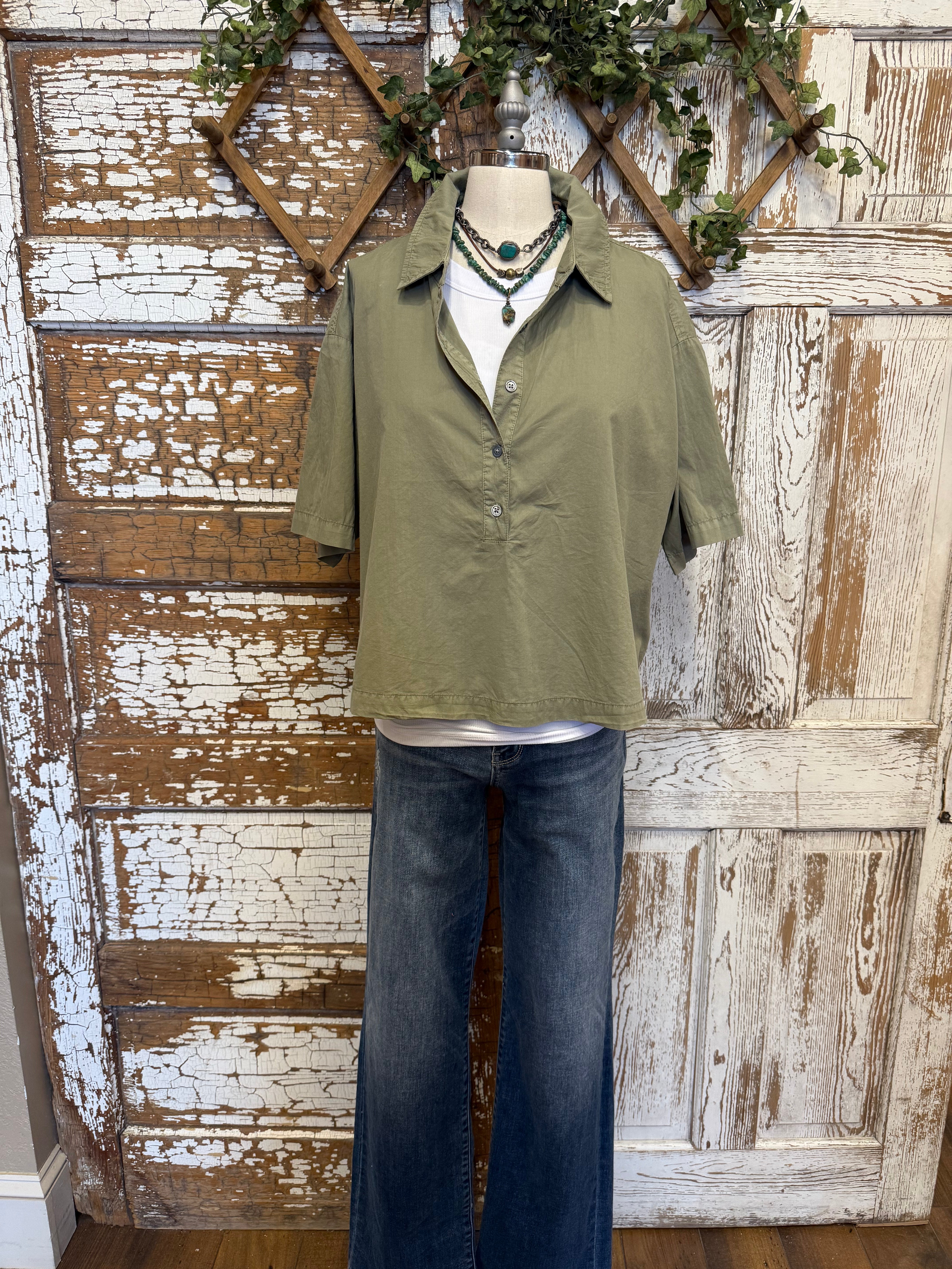 Half button sage green women's blouse