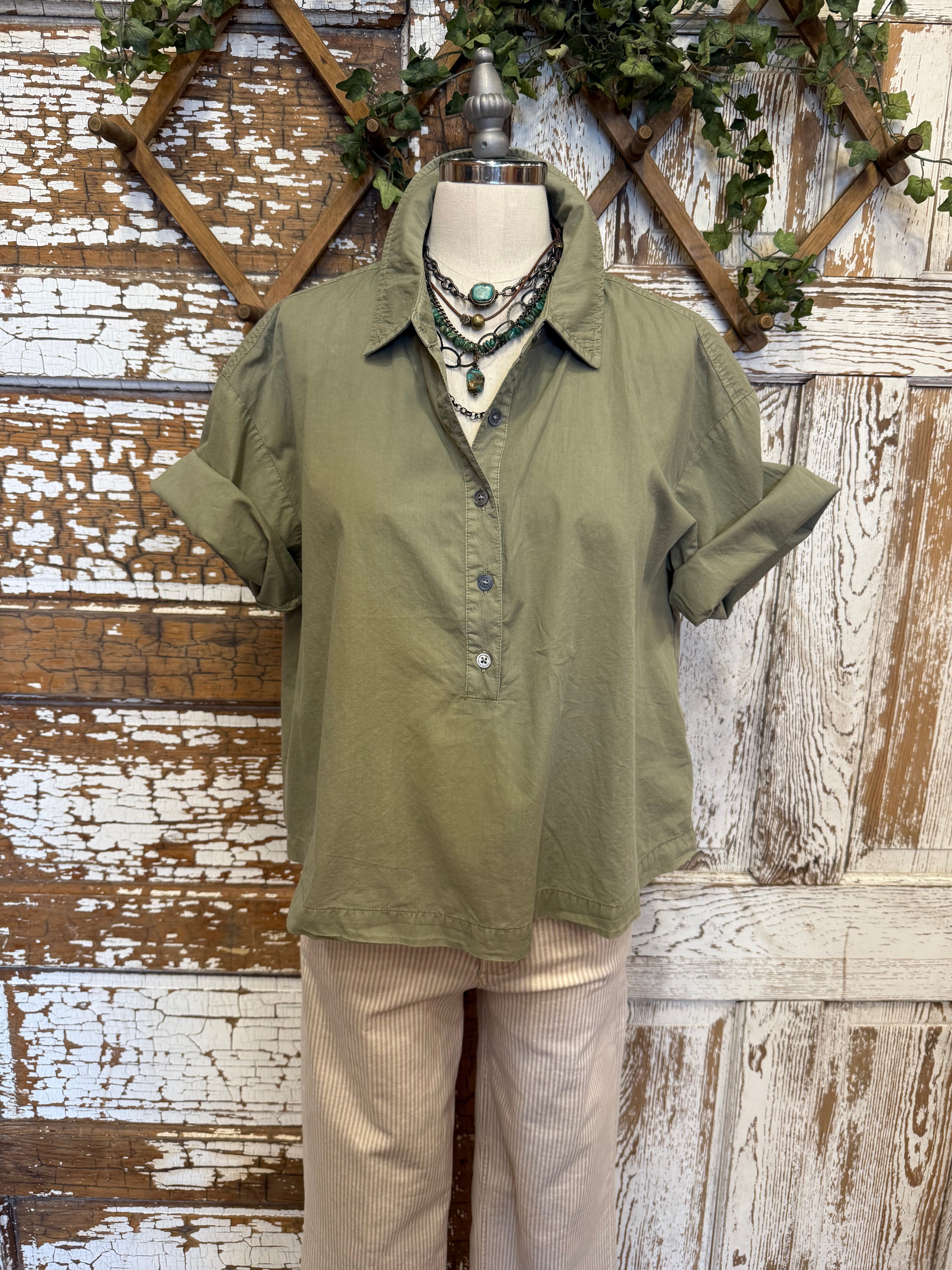 Half button sage green women's blouse