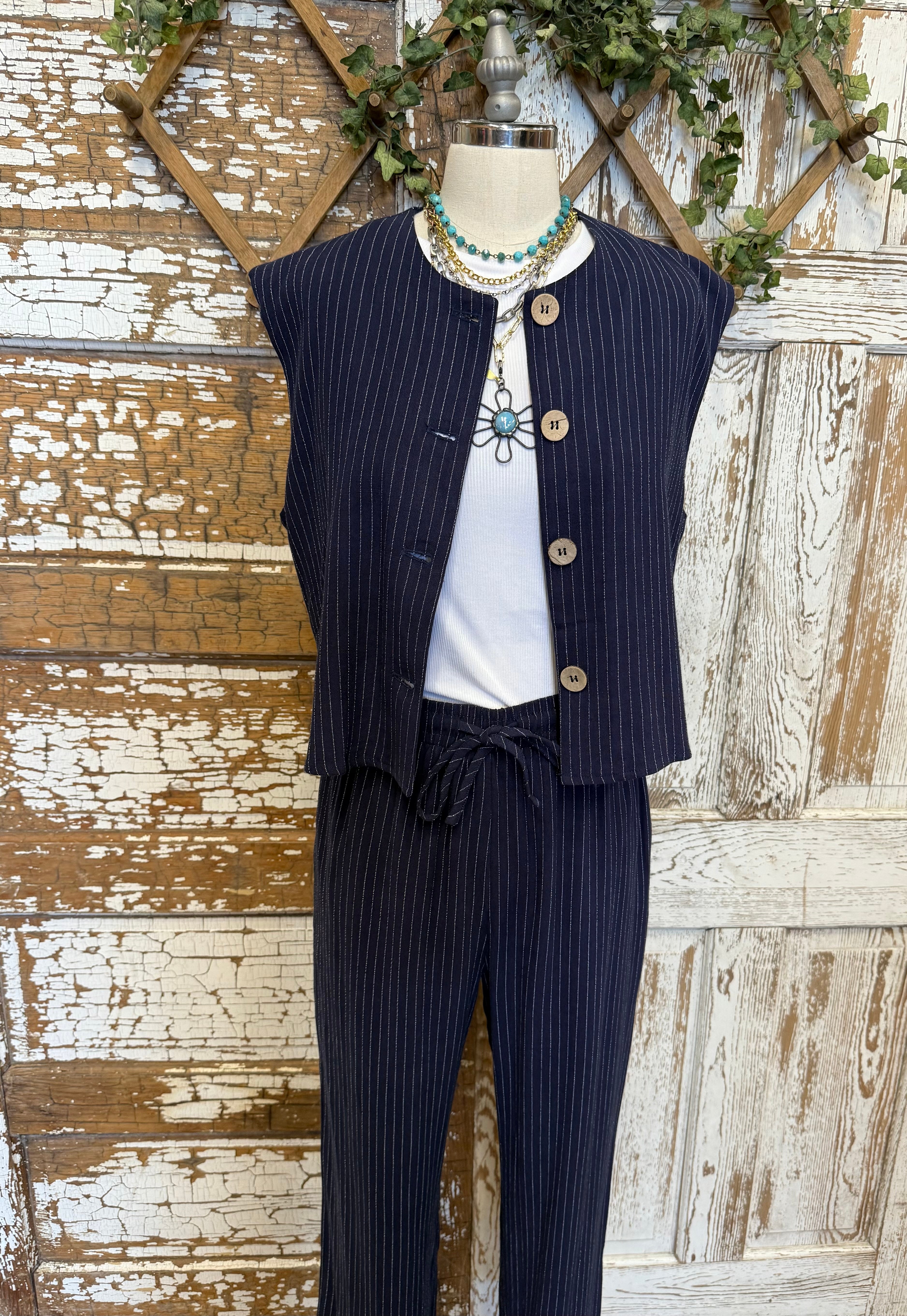 Navy pinstripe pant set