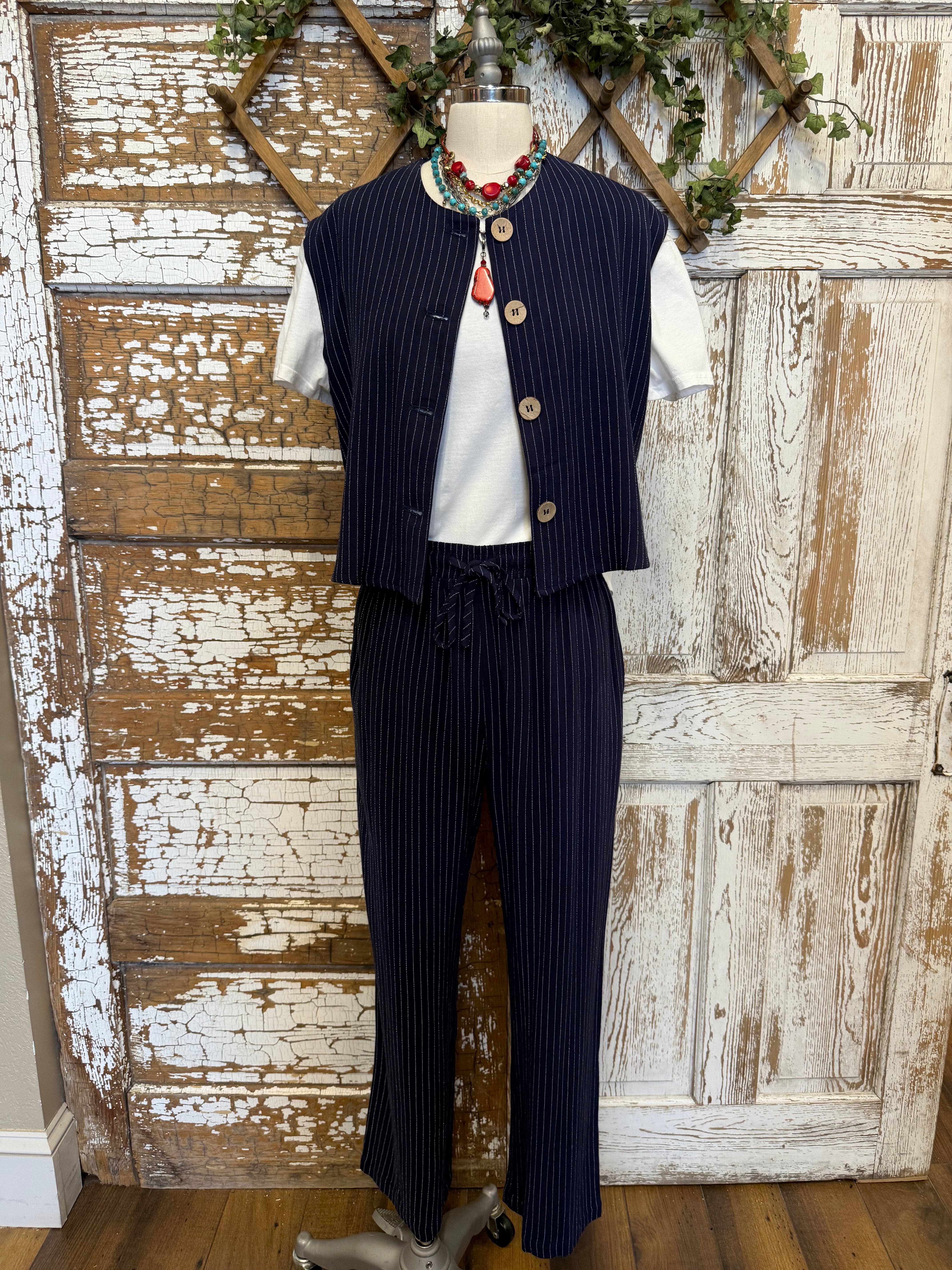 Navy pinstripe pant set