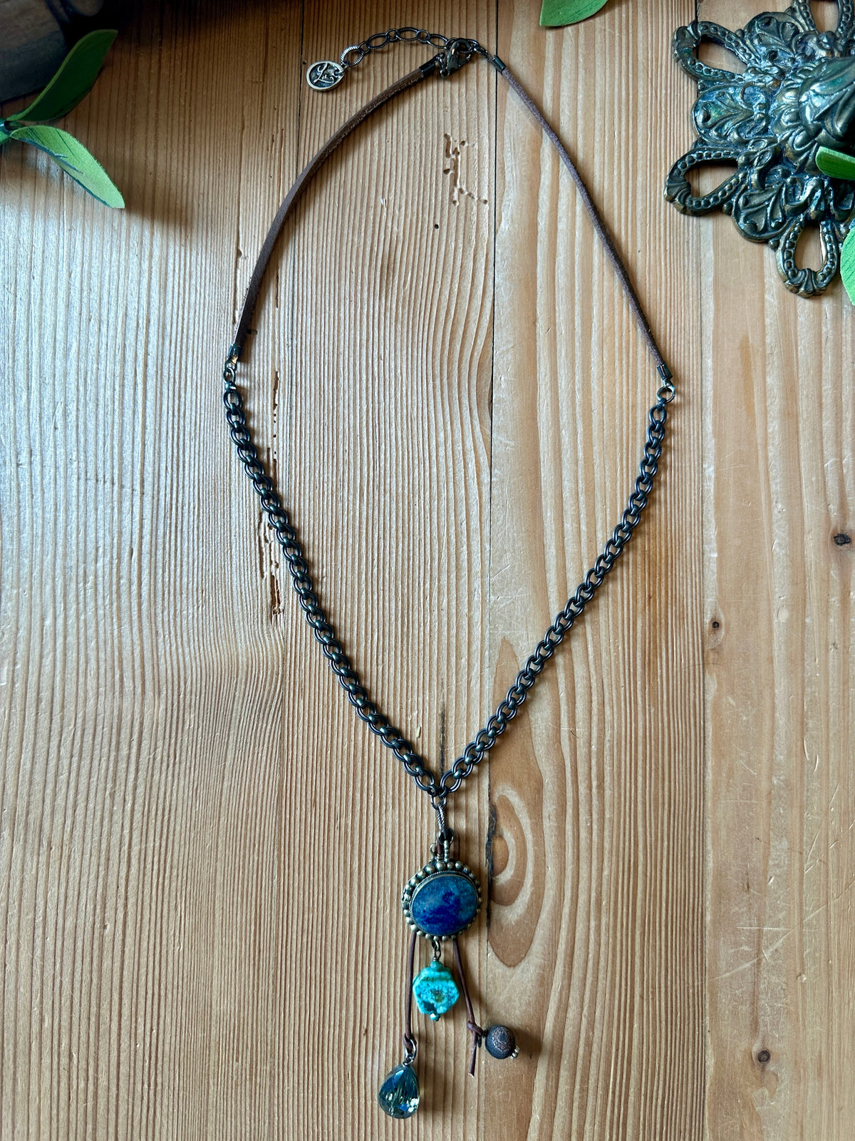 Lapis lazuli pendant necklace with turquoise and smoky quartz fringe