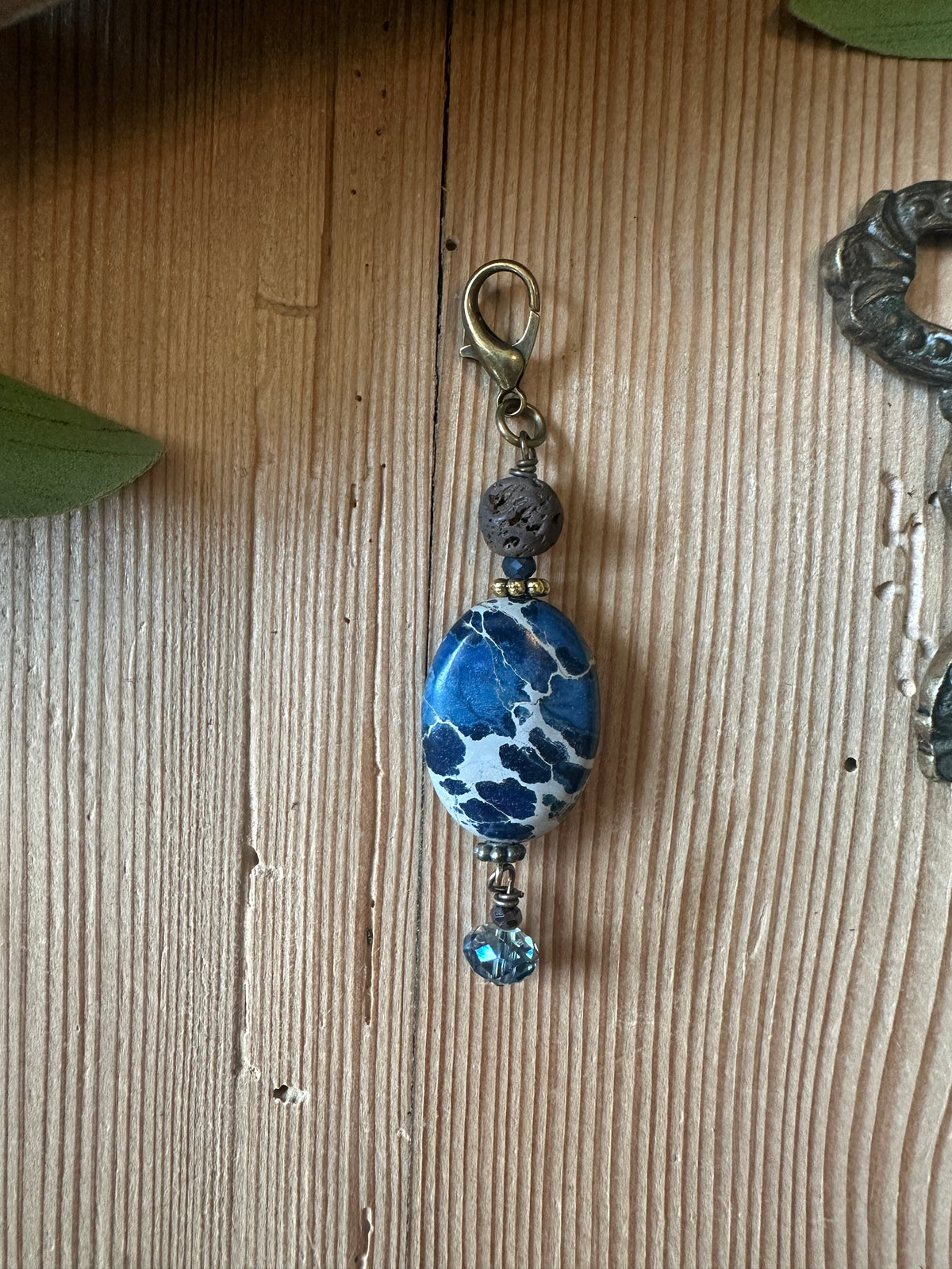 Marbled blue stone pendant charm with lava bead and crystal drop