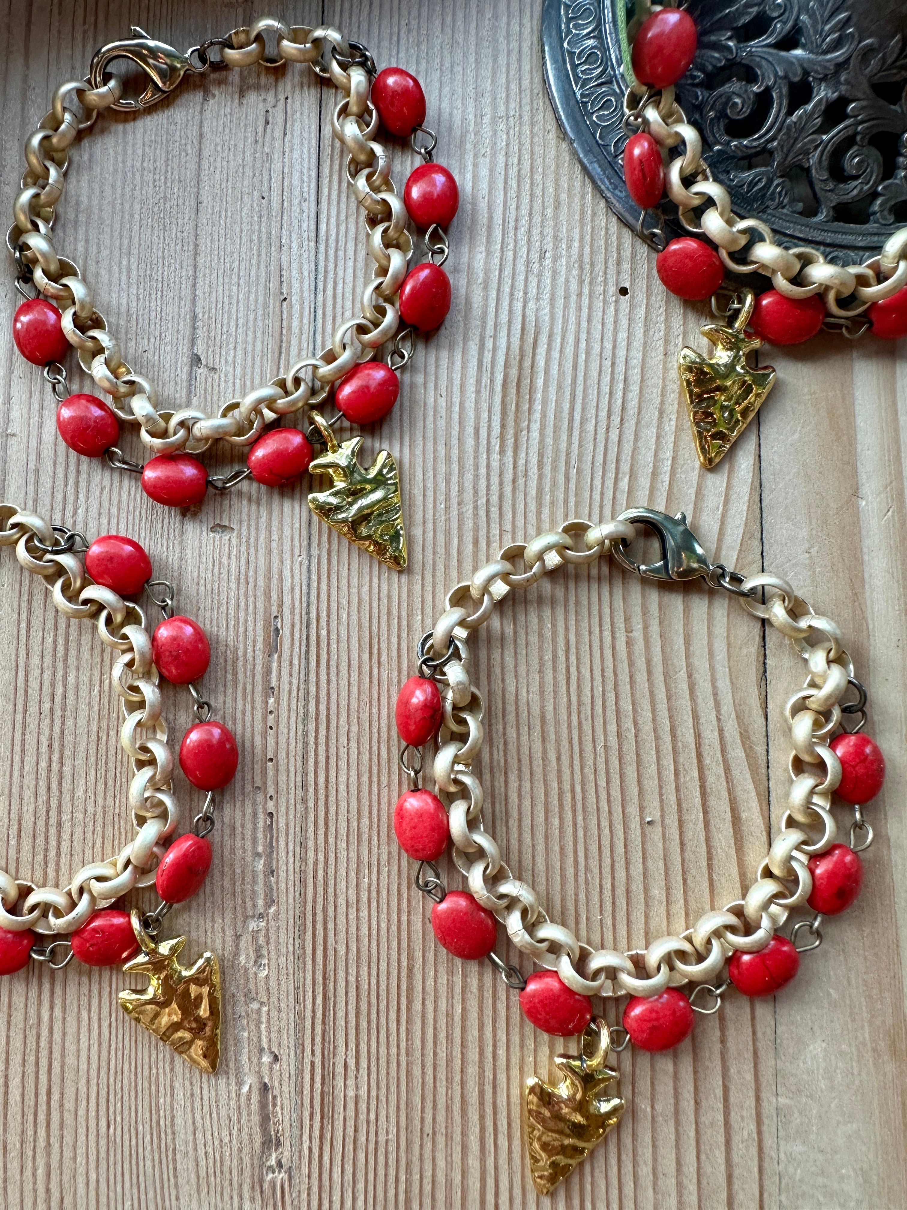 Red & Matte Gold Arrowhead Bracelet