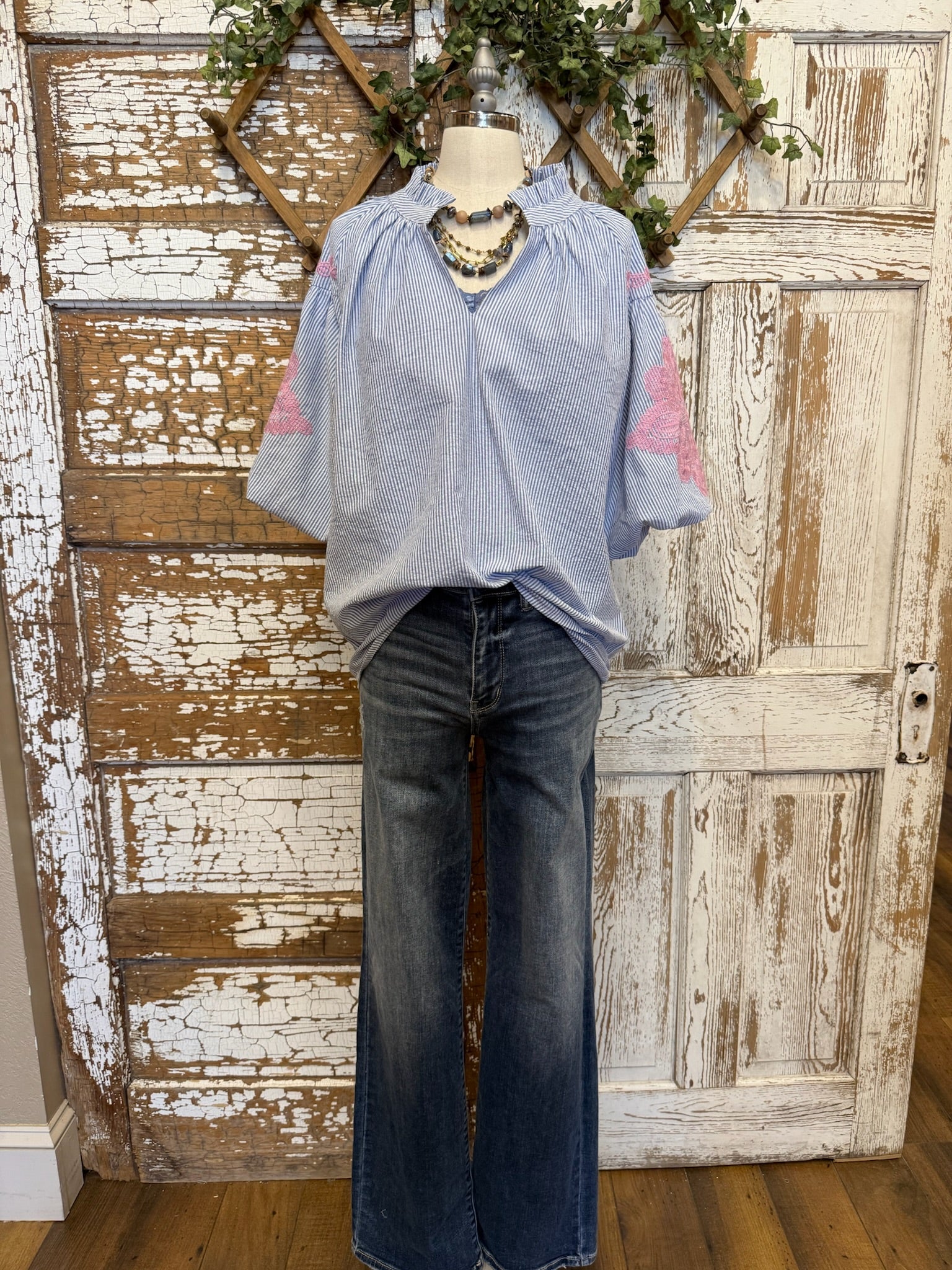 Pink and blue puff sleeve top