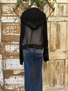 Mannequin wearing a Midnight Black Mesh Utiltiy Shacket with handmade jewelry in Springfield, Mo boutique