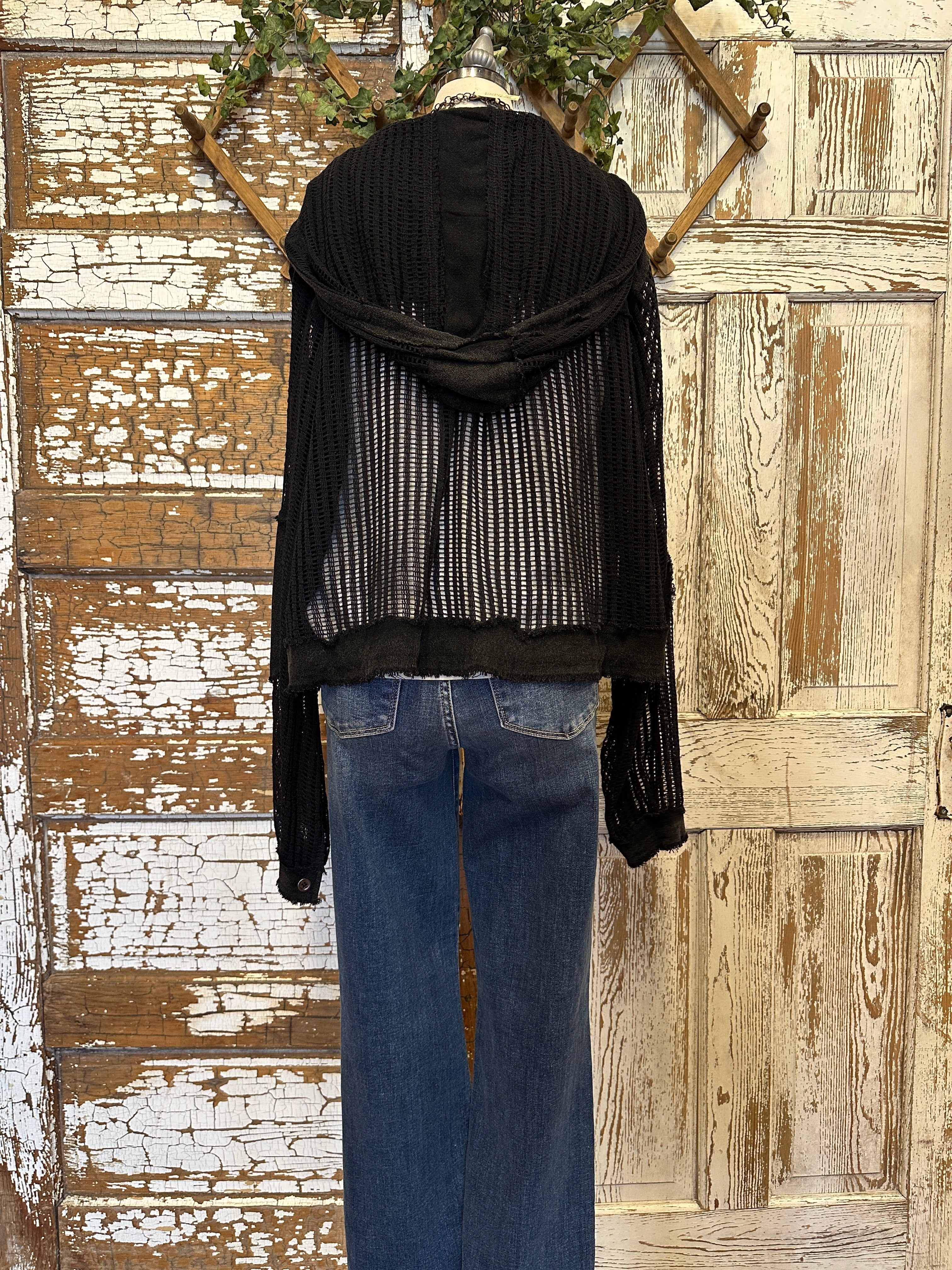 Mannequin wearing a Midnight Black Mesh Utiltiy Shacket with handmade jewelry in Springfield, Mo boutique