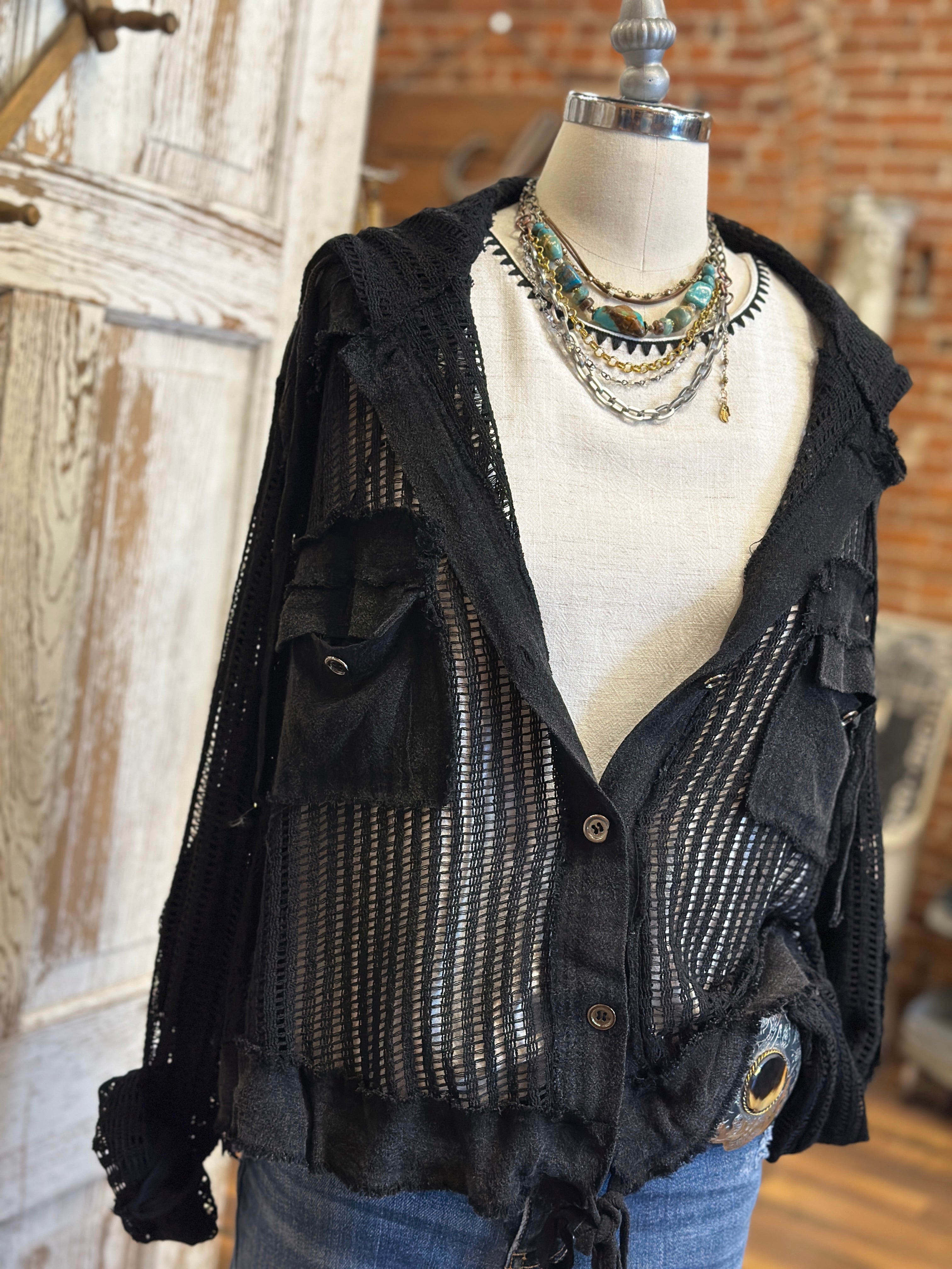 Mannequin wearing a Midnight Black Mesh Utiltiy Shacket with handmade jewelry in Springfield, Mo boutique