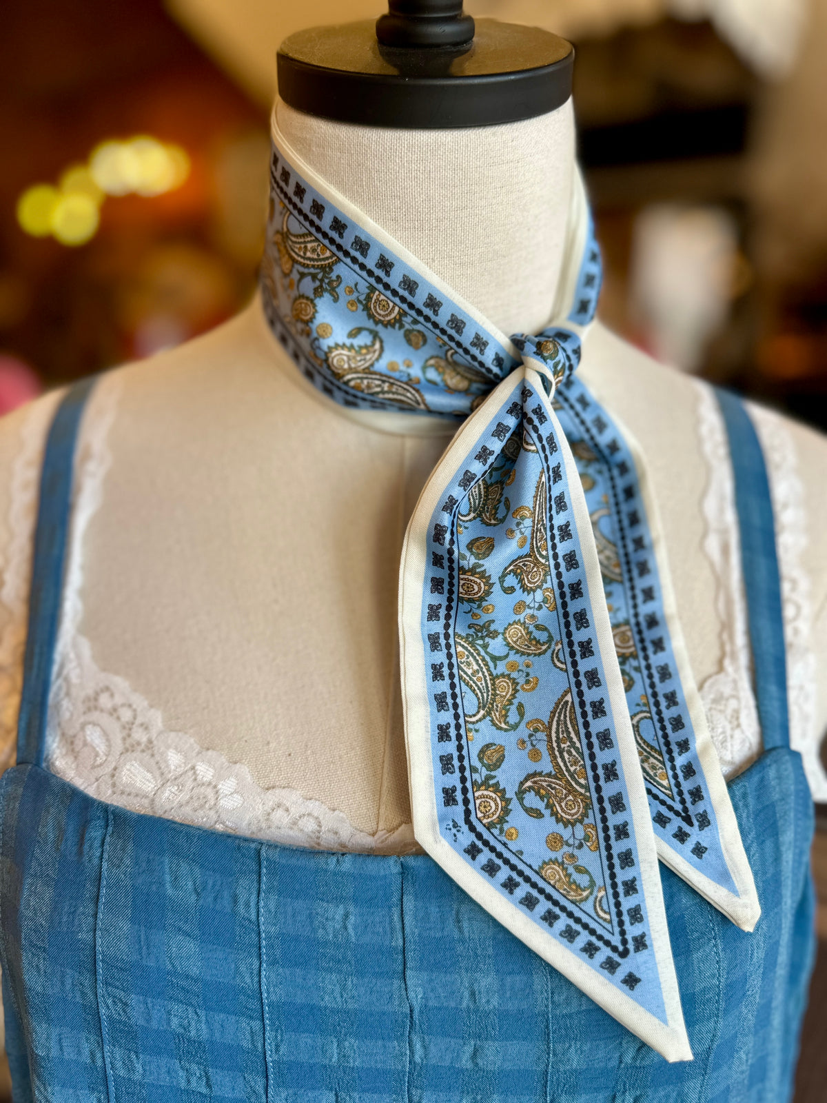 Blue and Brown Printed Twilly Scarf Blue Paisley Twilly Scarf – Artistic Works By Lu main image 2