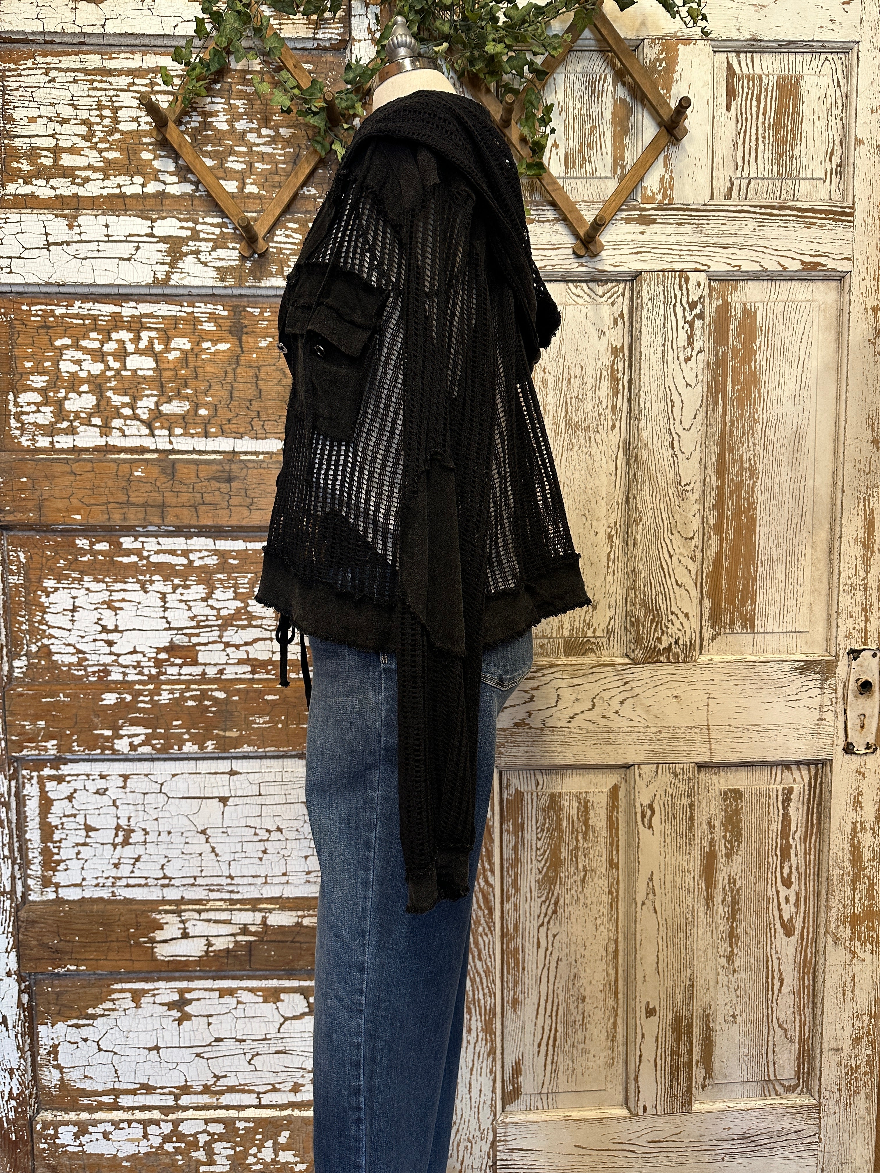 Mannequin wearing a Midnight Black Mesh Utiltiy Shacket with handmade jewelry in Springfield, Mo boutique