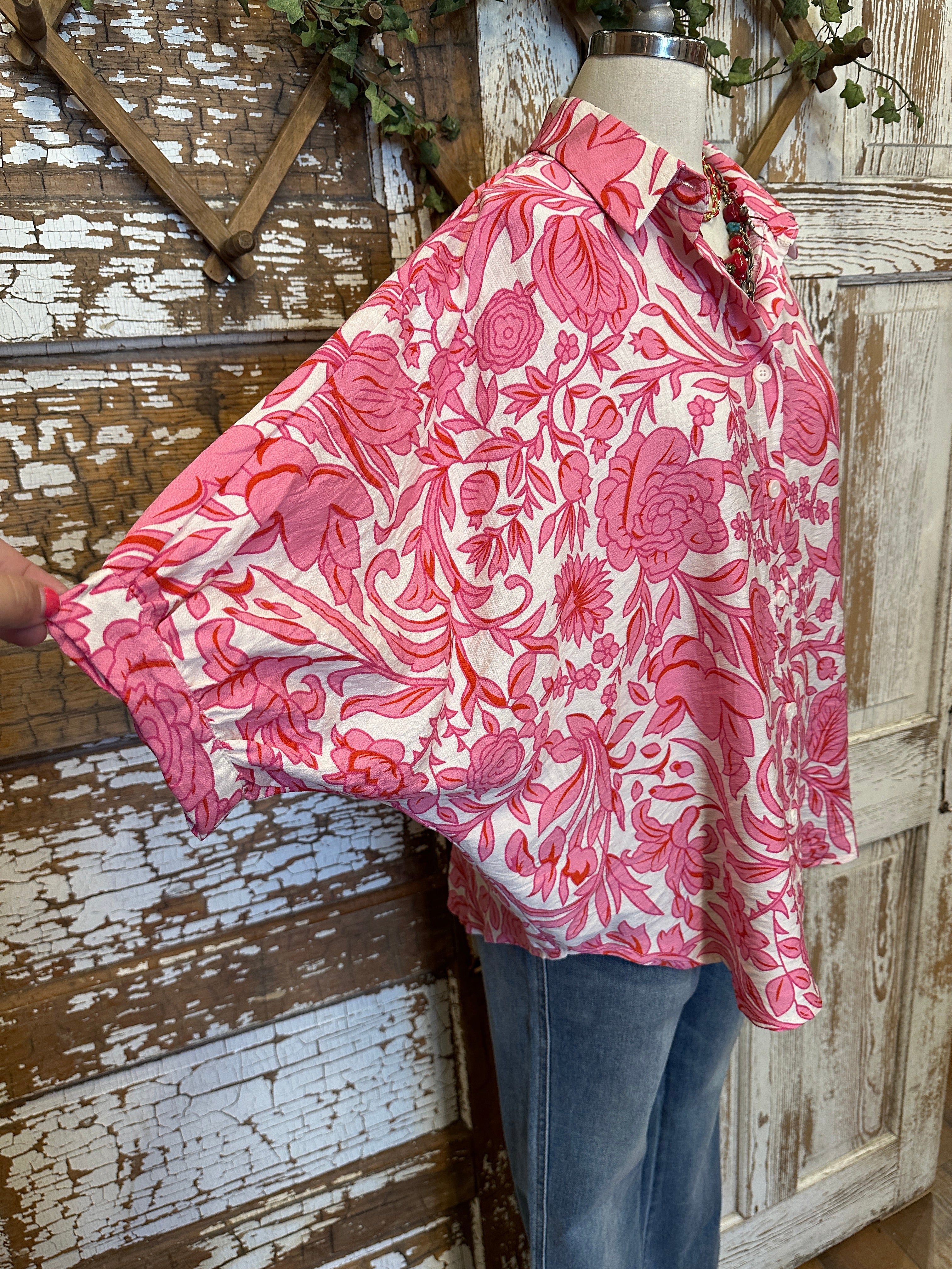 Floral pink button up blouse 