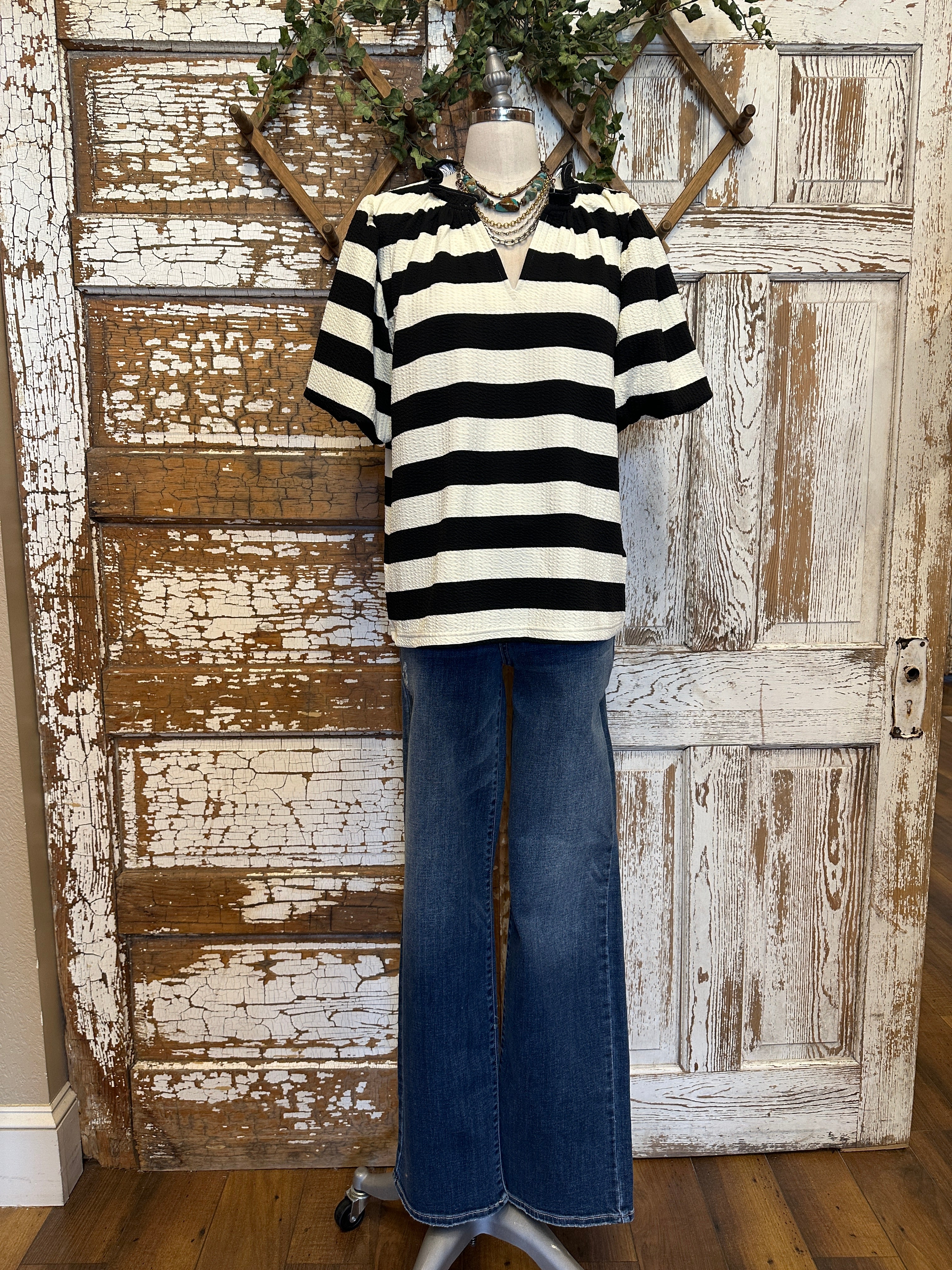 Lu wearing Harper Striped Knit Top-SALE item with black and white stripes and turquoise jewelry in Leavenworth, KS