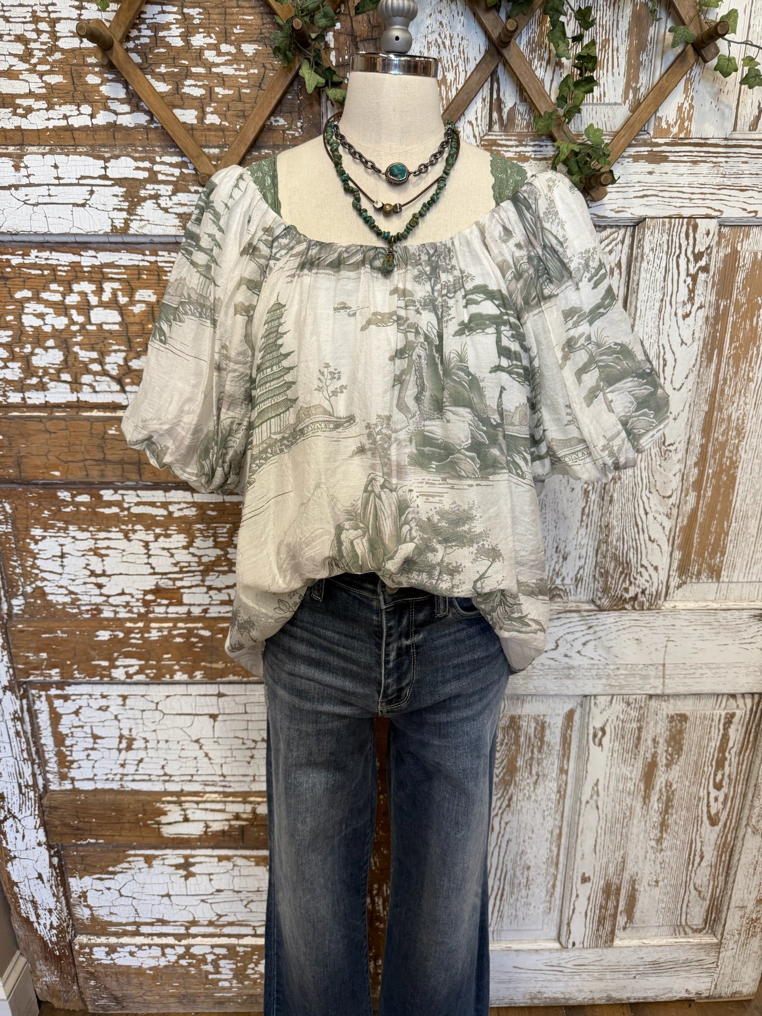 Boho olive green women's blouse