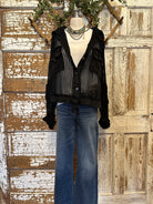 Mannequin wearing a Midnight Black Mesh Utiltiy Shacket with handmade jewelry in Springfield, Mo boutique