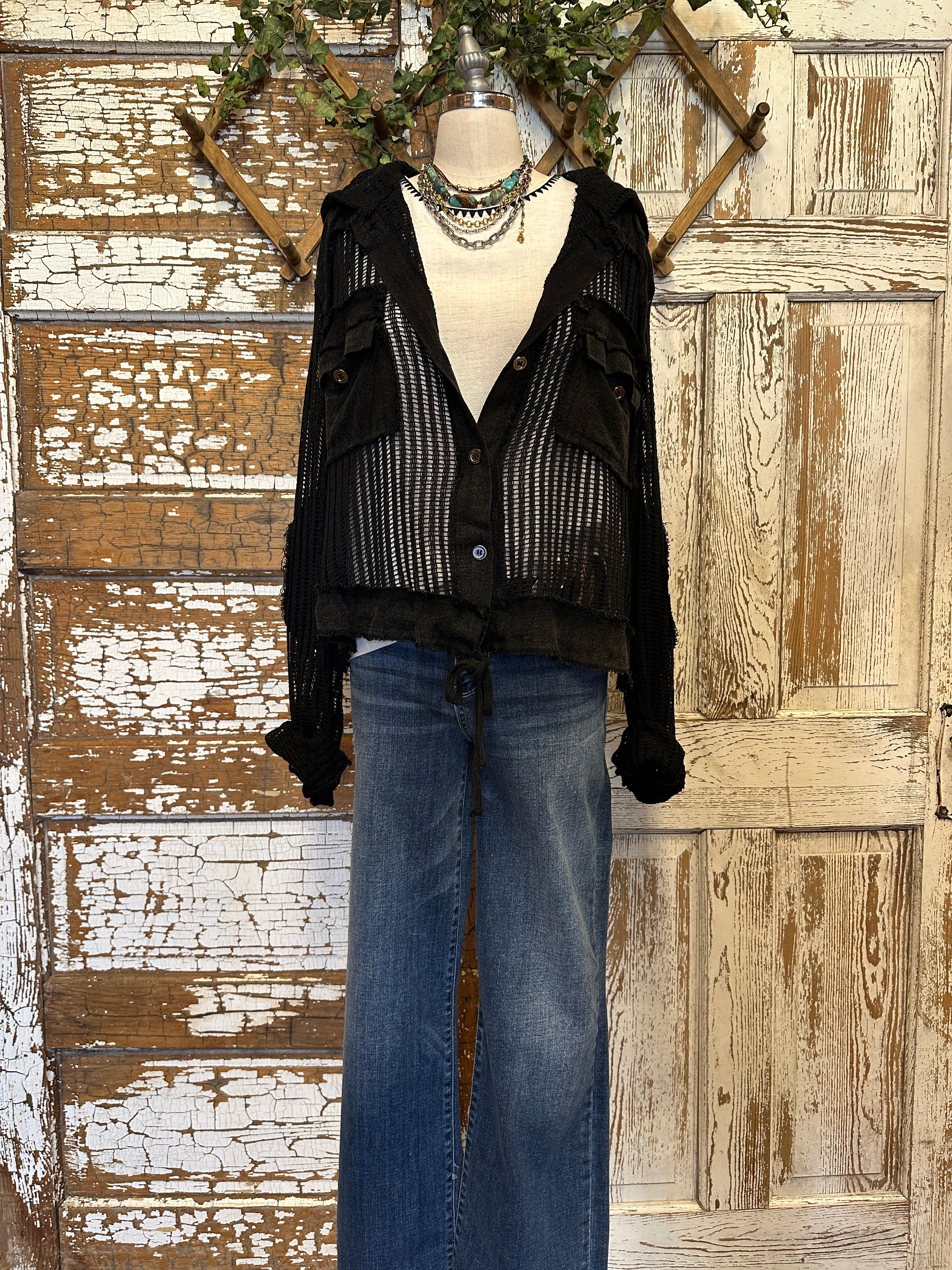 Mannequin wearing a Midnight Black Mesh Utiltiy Shacket with handmade jewelry in Springfield, Mo boutique