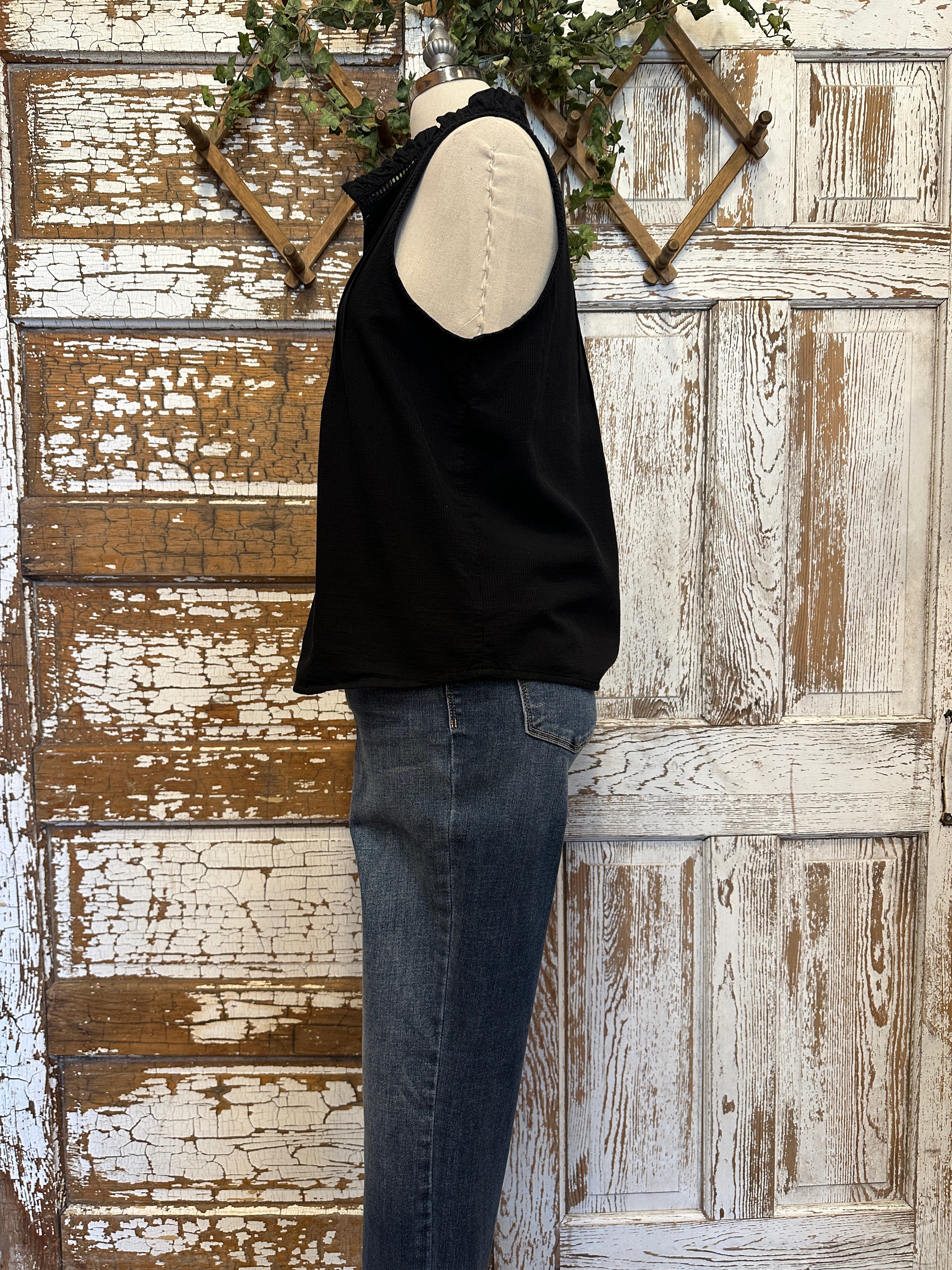 Mannequin wearing a Black Eyelet & Ruffle Tank: Small - XL with handmade jewelry in Springfield, Mo boutique