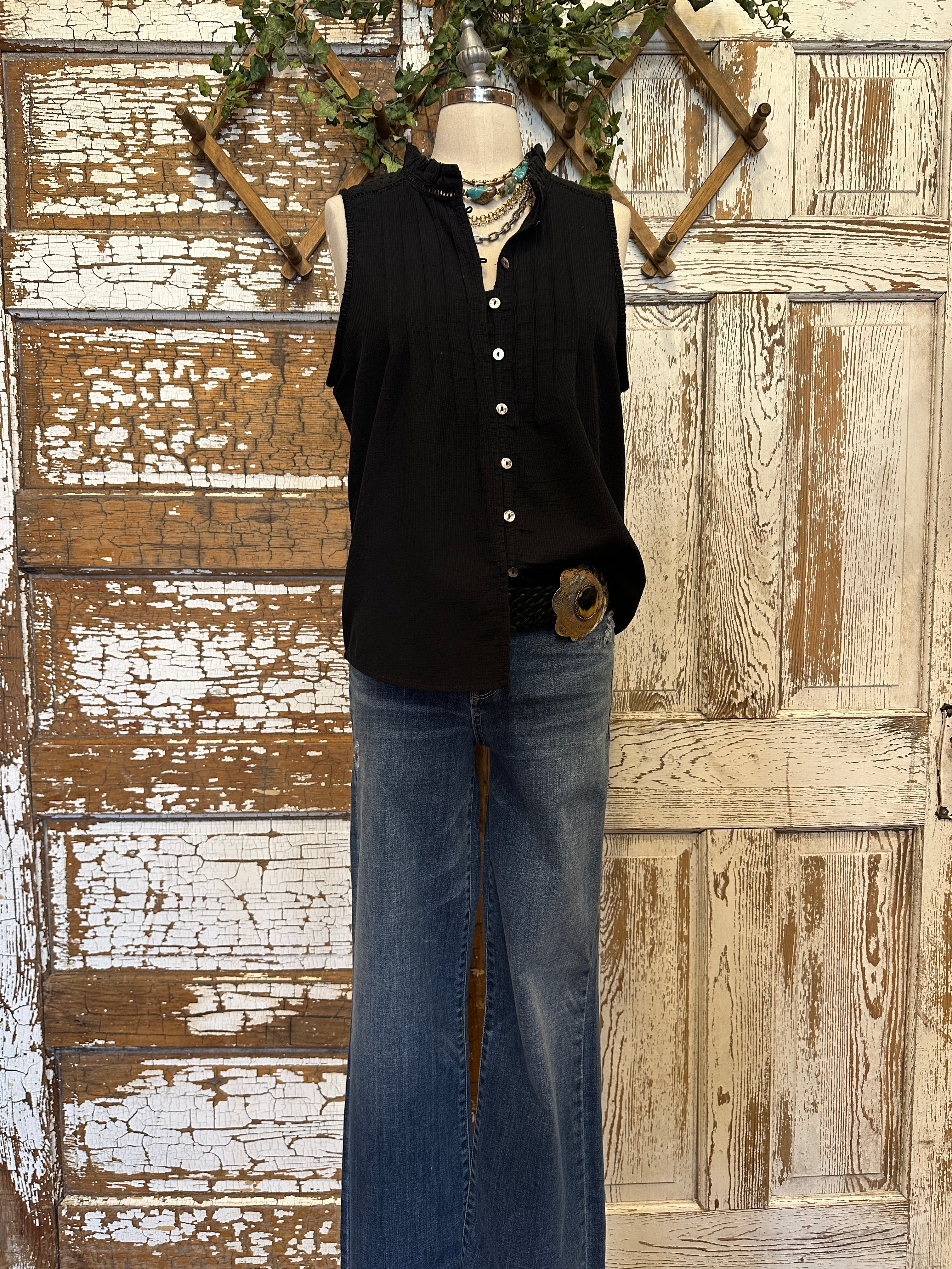 Mannequin wearing a Black Eyelet & Ruffle Tank: Small - XL with handmade jewelry in Springfield, Mo boutique