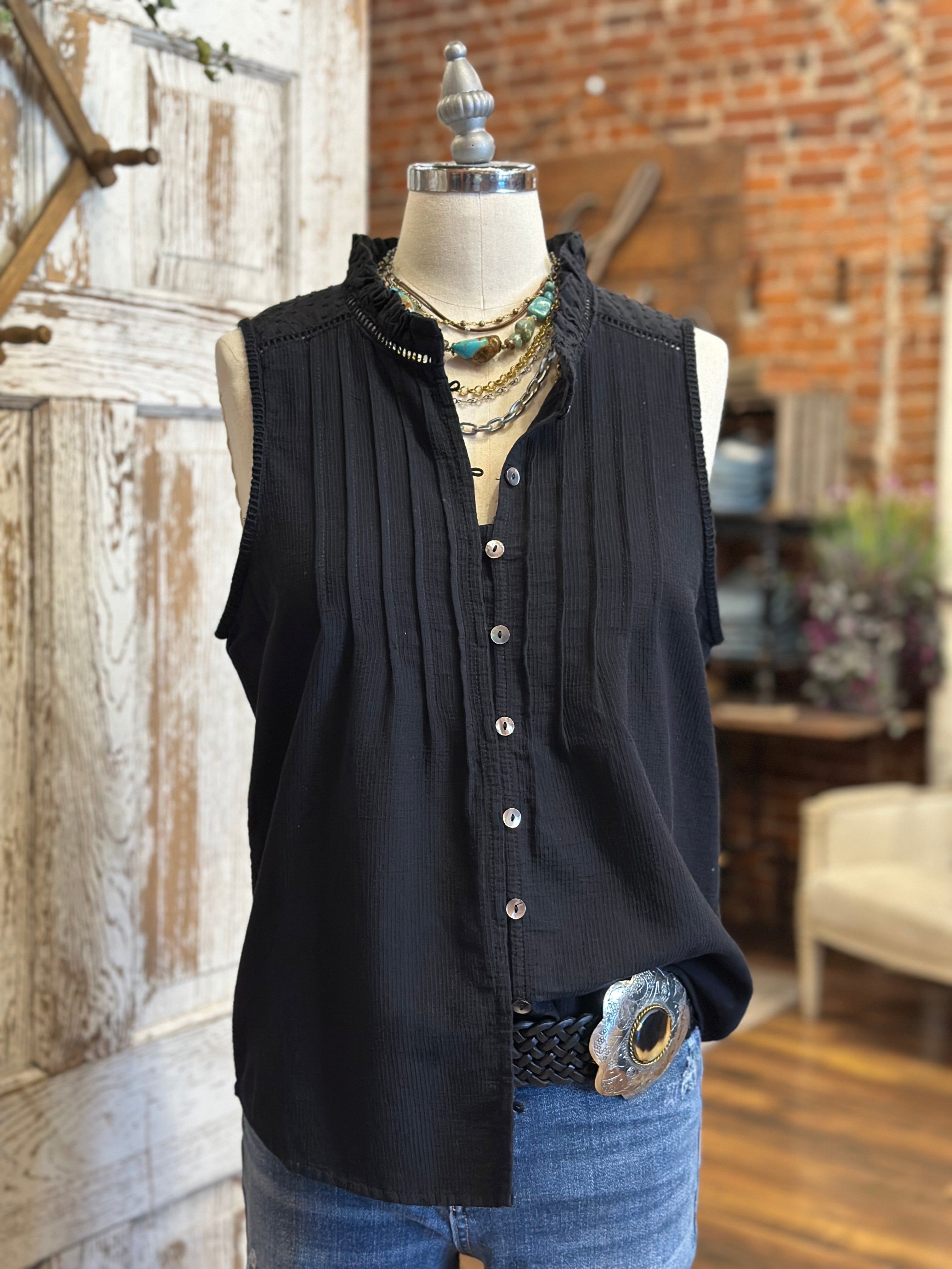 Mannequin wearing a Black Eyelet & Ruffle Tank: Small - XL with handmade jewelry in Springfield, Mo boutique