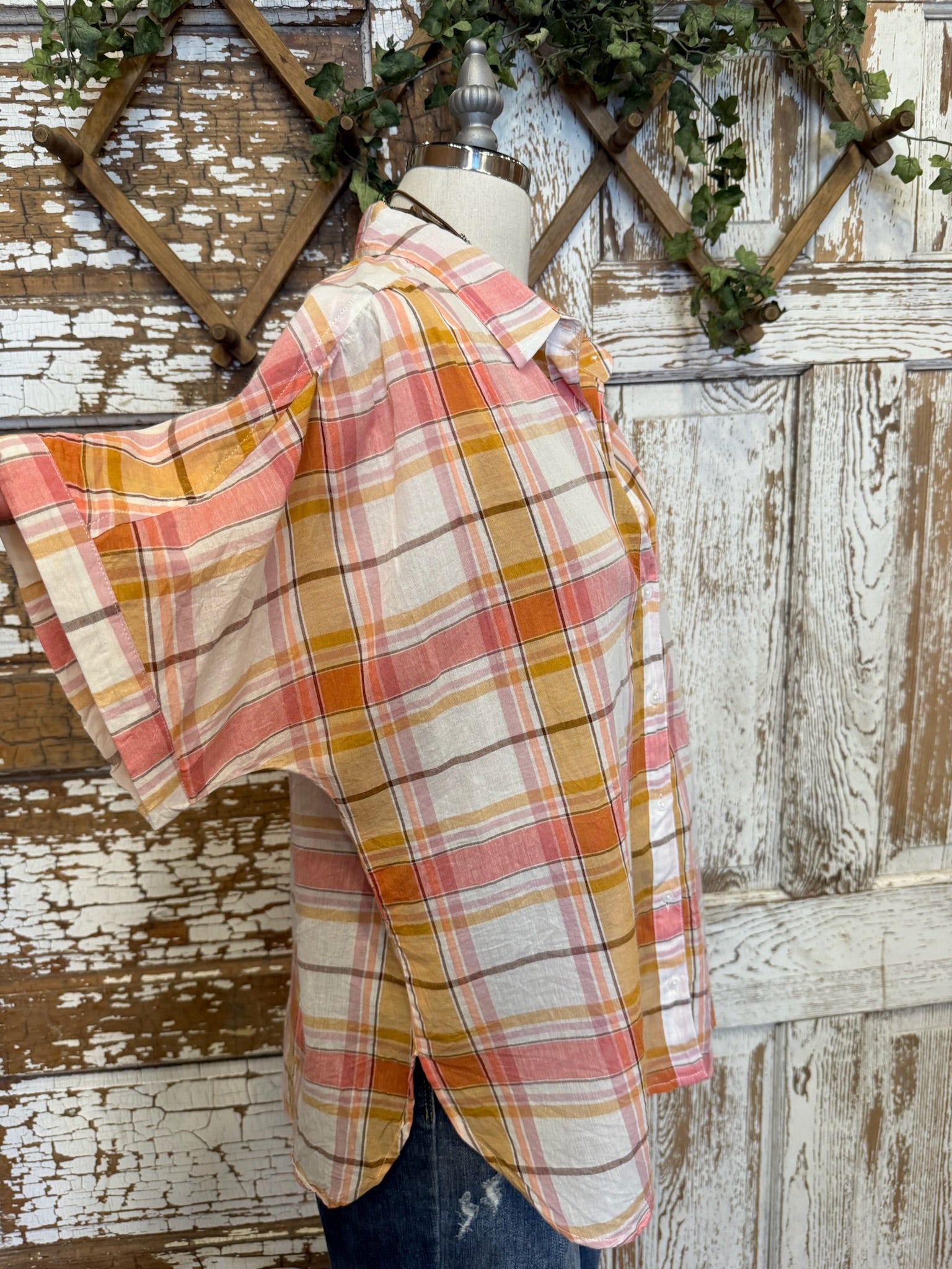 Pink and orange plaid blouse