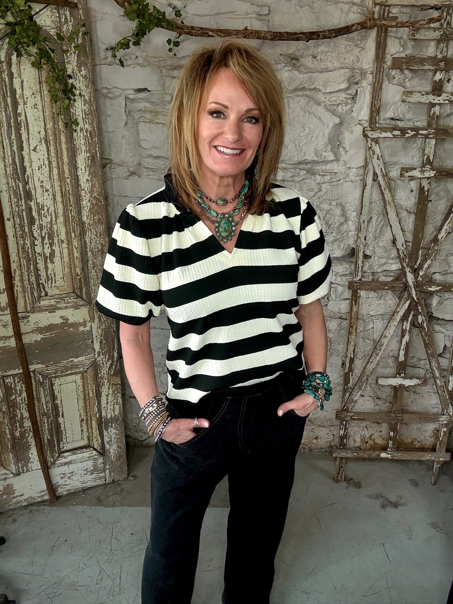 Lu wearing Harper Striped Knit Top-SALE item with black and white stripes and turquoise jewelry in Leavenworth, KS
