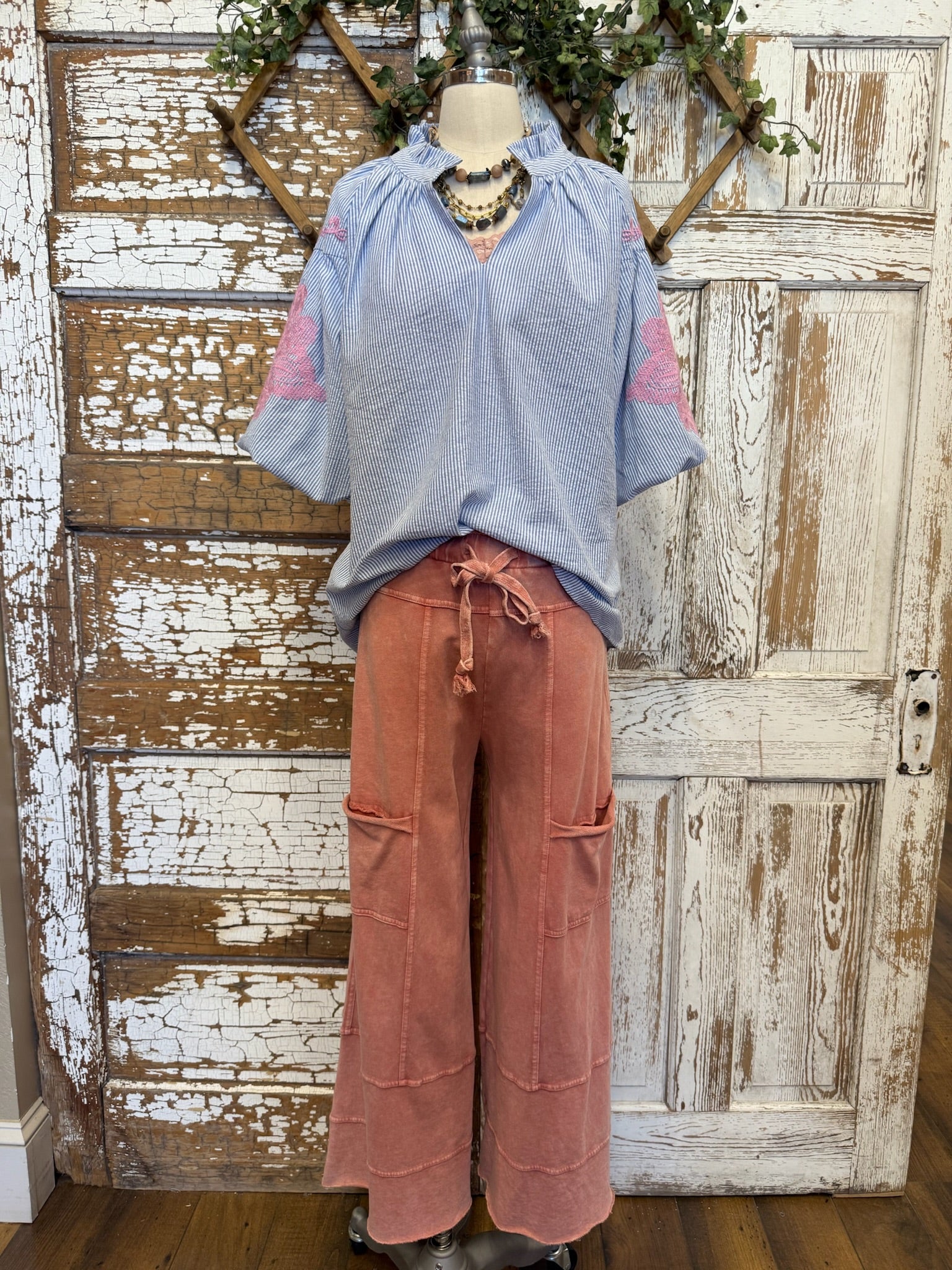 Pink and blue puff sleeve top