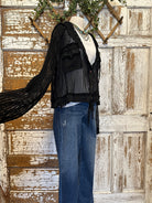 Mannequin wearing a Midnight Black Mesh Utiltiy Shacket with handmade jewelry in Springfield, Mo boutique