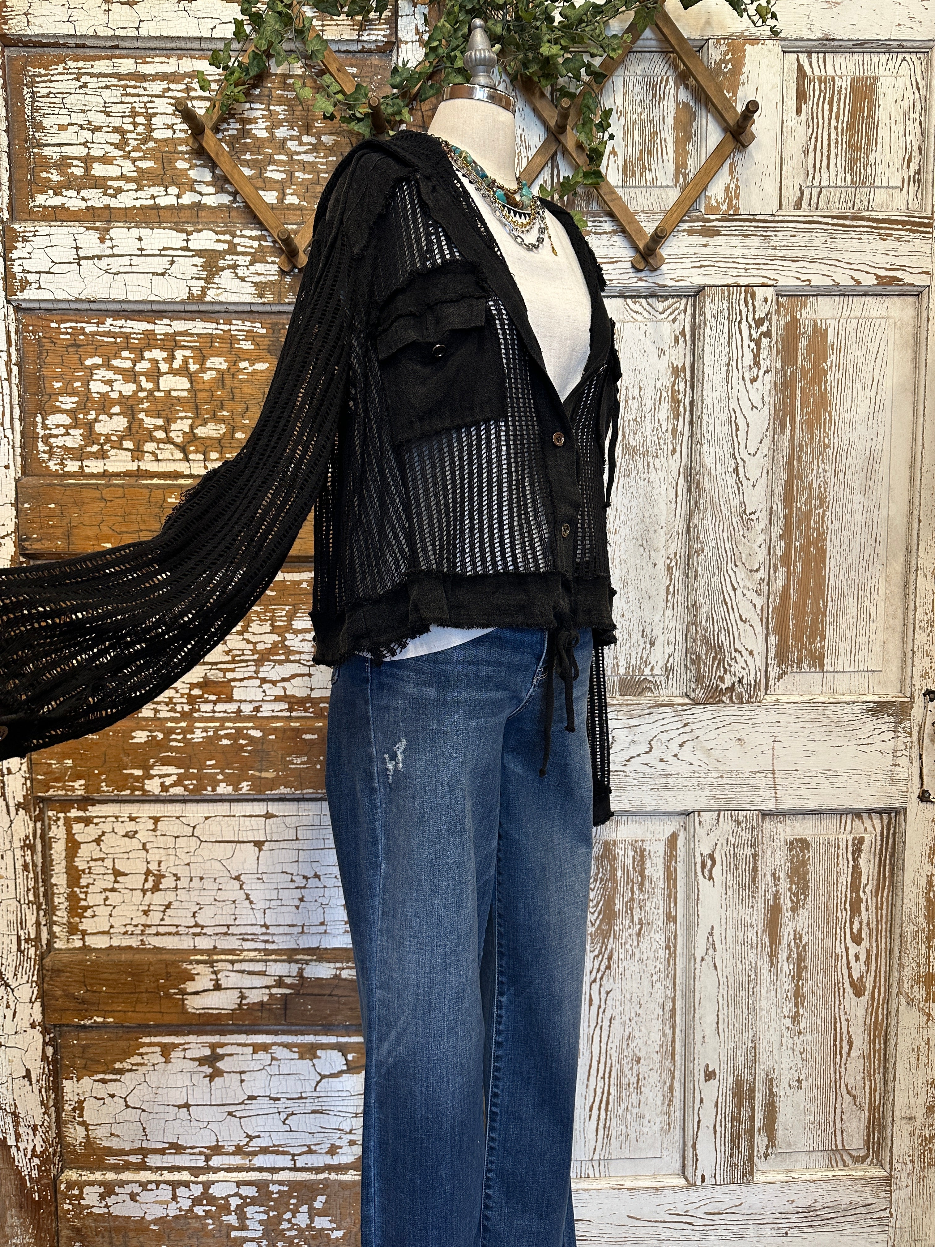 Mannequin wearing a Midnight Black Mesh Utiltiy Shacket with handmade jewelry in Springfield, Mo boutique