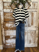 Mannequin wearing Harper Striped Knit Top-SALE item with black and white stripes and turquoise jewelry in Leavenworth, KS
