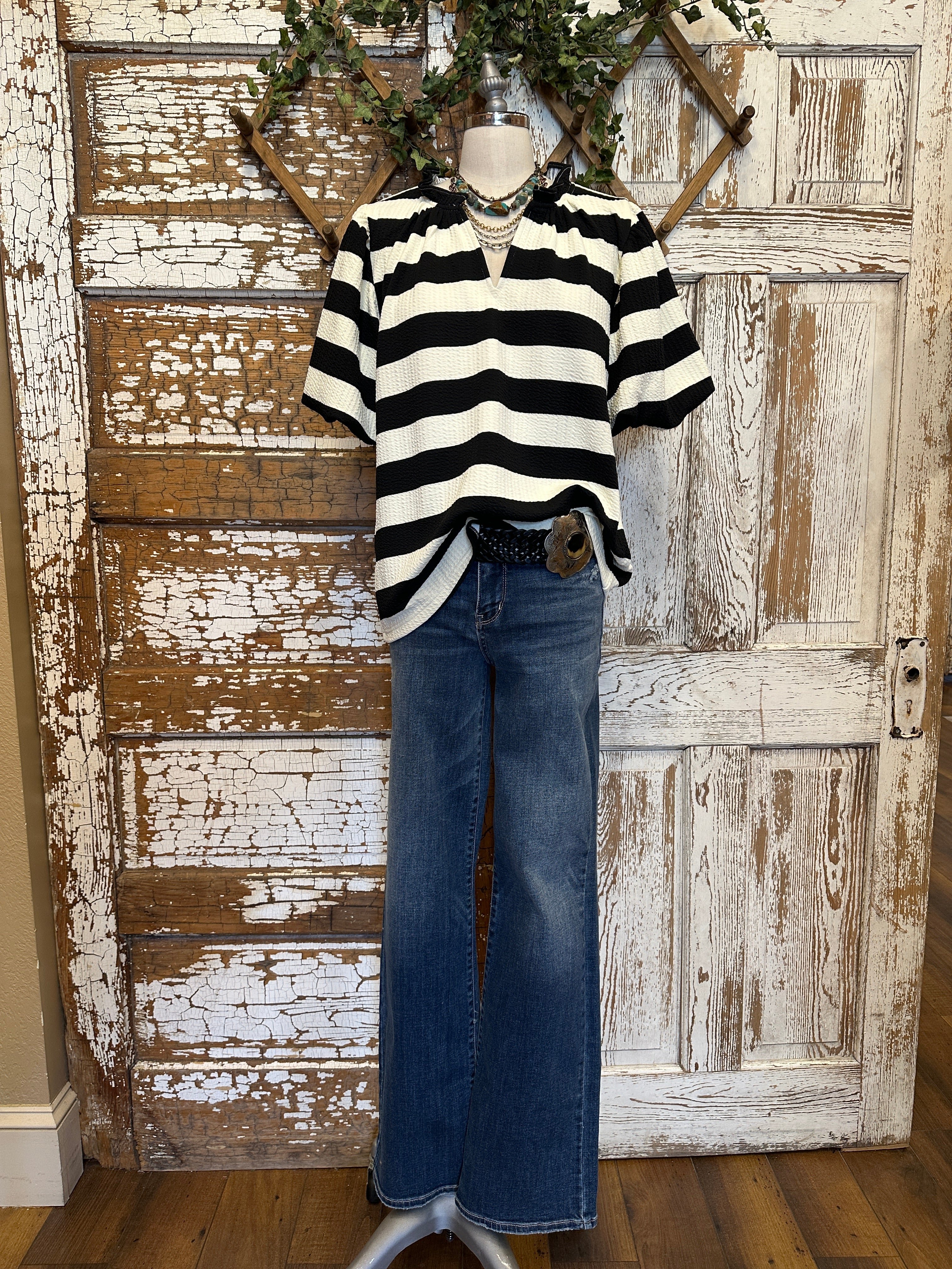 Mannequin wearing Harper Striped Knit Top-SALE item with black and white stripes and turquoise jewelry in Leavenworth, KS