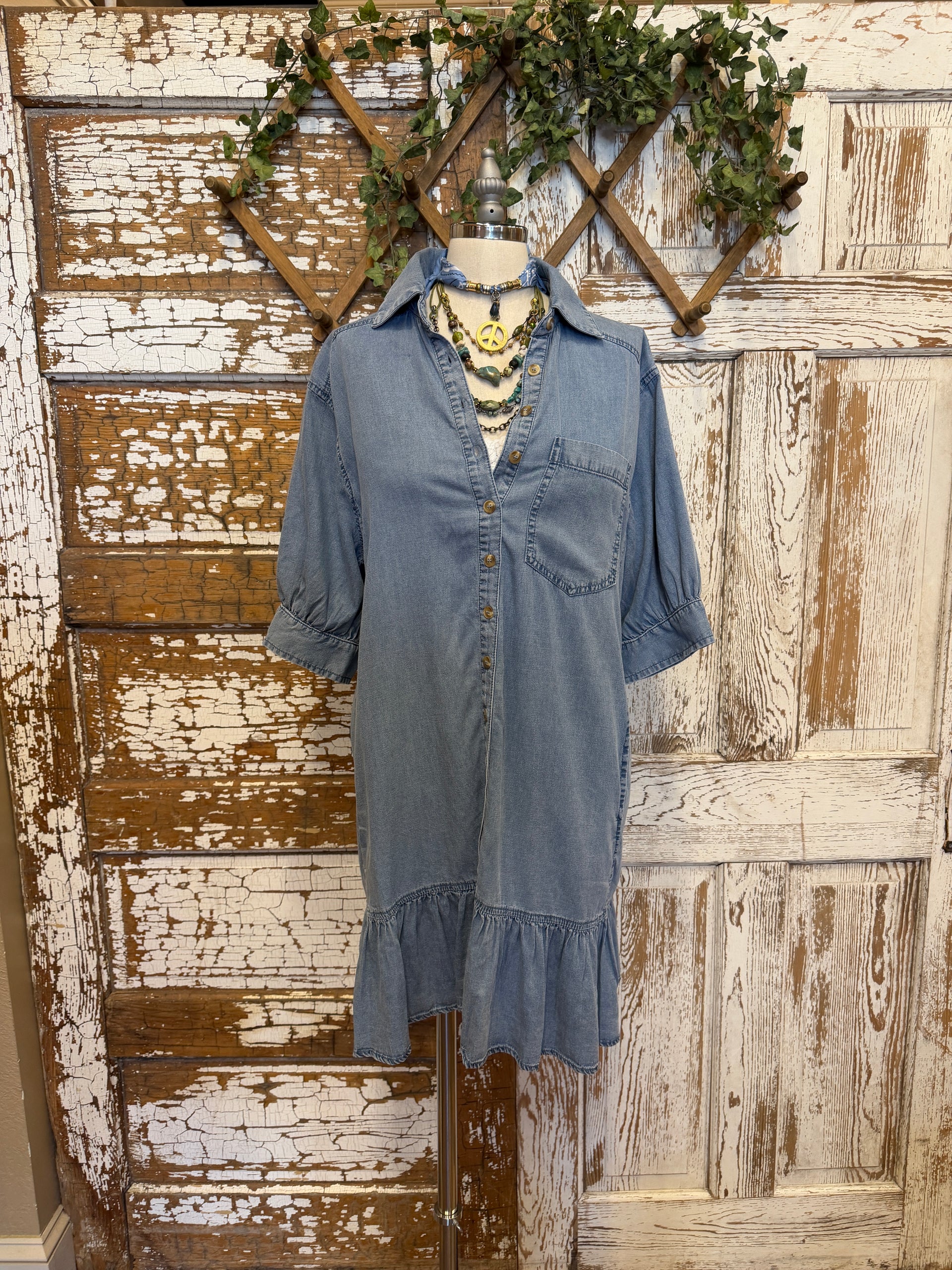 Chambray Denim Shirt Dress with Ruffle Hem S
